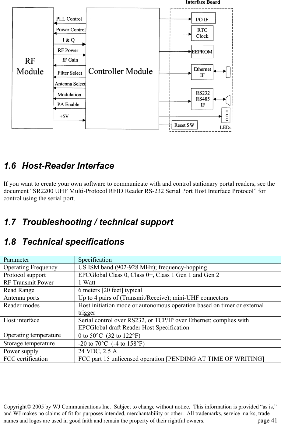 Copyright&copy; 2005 by WJ Communications Inc.  Subject to change without notice.  This information is provided &ldquo;as is,&rdquo; and WJ makes no claims of fit for purposes intended, merchantability or other.  All trademarks, service marks, trade names and logos are used in good faith and remain the property of their rightful owners.   page 41    1.6 Host-Reader Interface  If you want to create your own software to communicate with and control stationary portal readers, see the document &ldquo;SR2200 UHF Multi-Protocol RFID Reader RS-232 Serial Port Host Interface Protocol&rdquo; for control using the serial port.    1.7  Troubleshooting / technical support 1.8 Technical specifications  Parameter  Specification Operating Frequency  US ISM band (902-928 MHz); frequency-hopping Protocol support  EPCGlobal Class 0, Class 0+, Class 1 Gen 1 and Gen 2 RF Transmit Power  1 Watt Read Range  6 meters [20 feet] typical Antenna ports  Up to 4 pairs of (Transmit/Receive); mini-UHF connectors Reader modes  Host initiation mode or autonomous operation based on timer or external trigger Host interface  Serial control over RS232, or TCP/IP over Ethernet; complies with EPCGlobal draft Reader Host Specification Operating temperature  0 to 50&deg;C  (32 to 122&deg;F) Storage temperature  -20 to 70&deg;C  (-4 to 158&deg;F) Power supply  24 VDC, 2.5 A FCC certification  FCC part 15 unlicensed operation [PENDING AT TIME OF WRITING]    