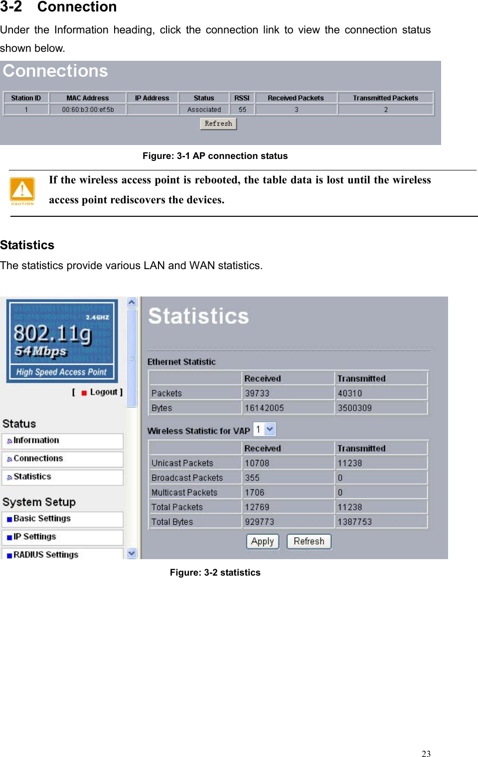  233-2  Connection Under the Information heading, click the connection link to view the connection status shown below.  Figure: 3-1 AP connection status If the wireless access point is rebooted, the table data is lost until the wireless access point rediscovers the devices.  Statistics  The statistics provide various LAN and WAN statistics.   Figure: 3-2 statistics         