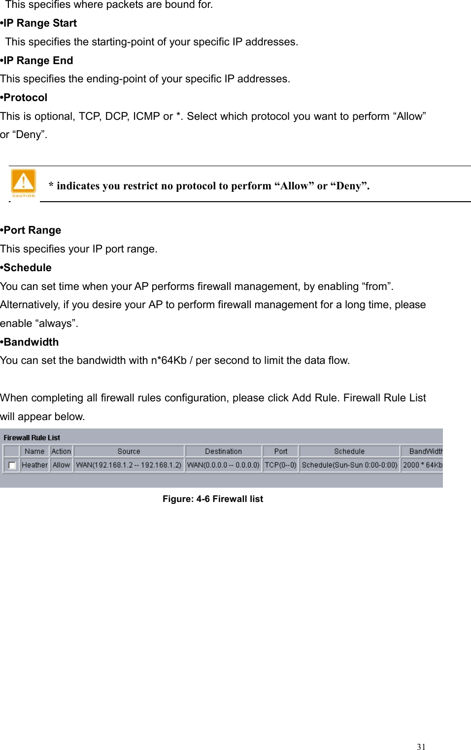  31  This specifies where packets are bound for. •IP Range Start   This specifies the starting-point of your specific IP addresses. •IP Range End   This specifies the ending-point of your specific IP addresses. •Protocol This is optional, TCP, DCP, ICMP or *. Select which protocol you want to perform “Allow” or “Deny”.  * indicates you restrict no protocol to perform “Allow” or “Deny”.   •Port Range This specifies your IP port range.   •Schedule You can set time when your AP performs firewall management, by enabling “from”. Alternatively, if you desire your AP to perform firewall management for a long time, please enable “always”. •Bandwidth You can set the bandwidth with n*64Kb / per second to limit the data flow.  When completing all firewall rules configuration, please click Add Rule. Firewall Rule List will appear below.  Figure: 4-6 Firewall list  