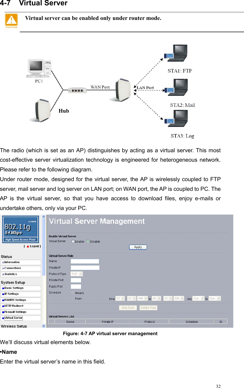  324-7 Virtual Server Virtual server can be enabled only under router mode.    The radio (which is set as an AP) distinguishes by acting as a virtual server. This most cost-effective server virtualization technology is engineered for heterogeneous network. Please refer to the following diagram.   Under router mode, designed for the virtual server, the AP is wirelessly coupled to FTP server, mail server and log server on LAN port; on WAN port, the AP is coupled to PC. The AP is the virtual server, so that you have access to download files, enjoy e-mails or undertake others, only via your PC.      Figure: 4-7 AP virtual server management We’ll discuss virtual elements below. •Name Enter the virtual server’s name in this field. Hub  