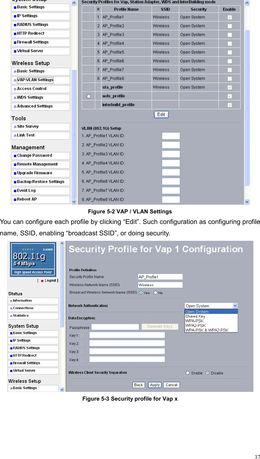  37 Figure 5-2 VAP / VLAN Settings You can configure each profile by clicking “Edit”. Such configuration as configuring profile name, SSID, enabling “broadcast SSID”, or doing security.  Figure 5-3 Security profile for Vap x