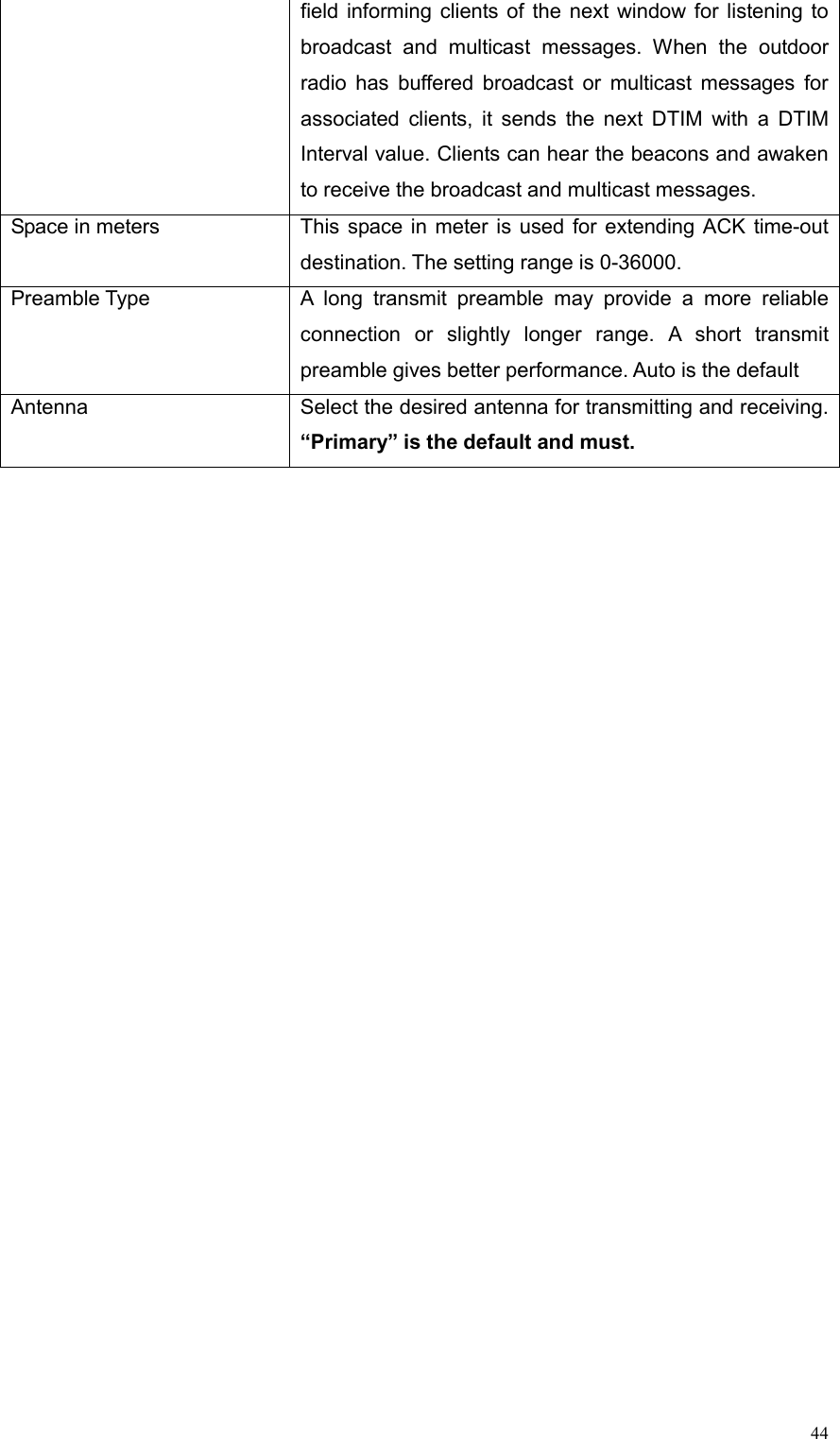  44field informing clients of the next window for listening to broadcast and multicast messages. When the outdoor radio has buffered broadcast or multicast messages for associated clients, it sends the next DTIM with a DTIM Interval value. Clients can hear the beacons and awaken to receive the broadcast and multicast messages. Space in meters  This space in meter is used for extending ACK time-out destination. The setting range is 0-36000.   Preamble Type  A long transmit preamble may provide a more reliable connection or slightly longer range. A short transmit preamble gives better performance. Auto is the default Antenna  Select the desired antenna for transmitting and receiving. “Primary” is the default and must.  