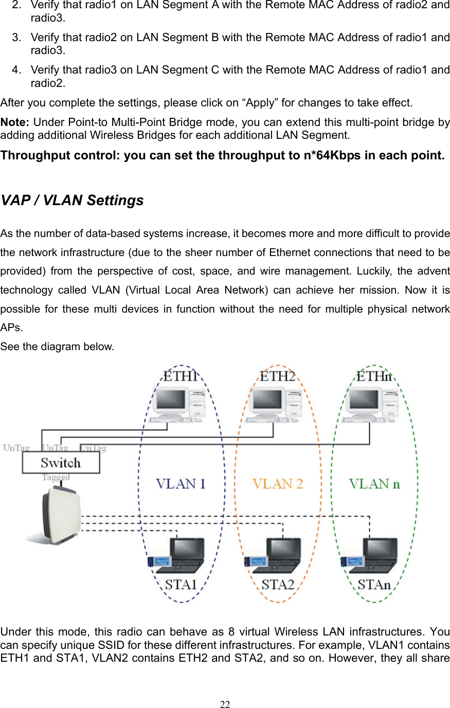 22 2.  Verify that radio1 on LAN Segment A with the Remote MAC Address of radio2 and radio3. 3.  Verify that radio2 on LAN Segment B with the Remote MAC Address of radio1 and radio3. 4.  Verify that radio3 on LAN Segment C with the Remote MAC Address of radio1 and radio2. After you complete the settings, please click on “Apply” for changes to take effect. Note: Under Point-to Multi-Point Bridge mode, you can extend this multi-point bridge by adding additional Wireless Bridges for each additional LAN Segment. Throughput control: you can set the throughput to n*64Kbps in each point.  VAP / VLAN Settings  As the number of data-based systems increase, it becomes more and more difficult to provide the network infrastructure (due to the sheer number of Ethernet connections that need to be provided) from the perspective of cost, space, and wire management. Luckily, the advent technology called VLAN (Virtual Local Area Network) can achieve her mission. Now it is possible for these multi devices in function without the need for multiple physical network APs.  See the diagram below.  Under this mode, this radio can behave as 8 virtual Wireless LAN infrastructures. You can specify unique SSID for these different infrastructures. For example, VLAN1 contains ETH1 and STA1, VLAN2 contains ETH2 and STA2, and so on. However, they all share 