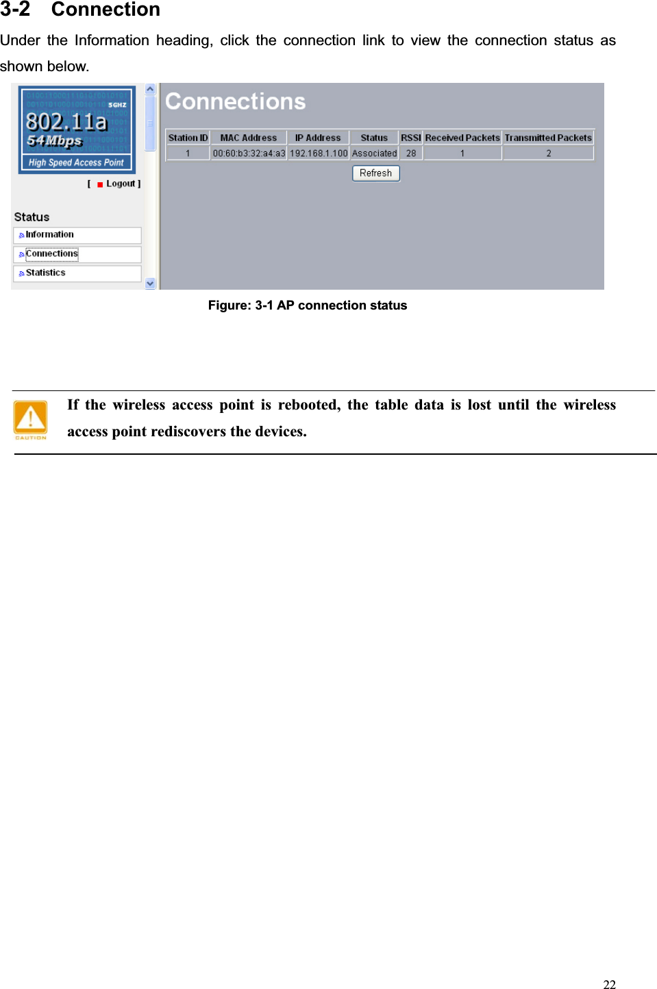 223-2 ConnectionUnder the Information heading, click the connection link to view the connection status as shown below. Figure: 3-1 AP connection status If the wireless access point is rebooted, the table data is lost until the wireless access point rediscovers the devices. 