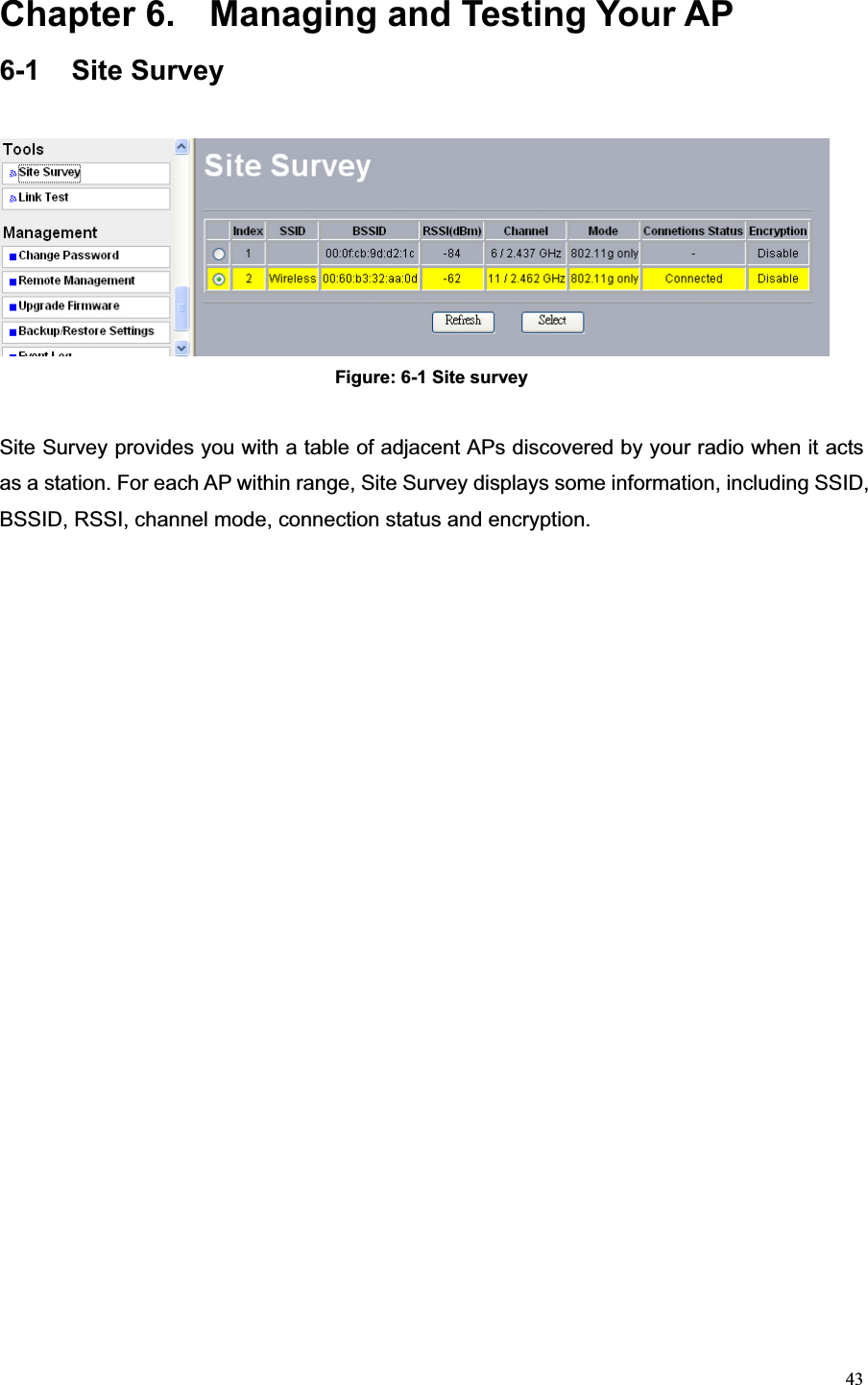 43Chapter 6.  Managing and Testing Your AP 6-1 Site Survey Figure: 6-1 Site survey Site Survey provides you with a table of adjacent APs discovered by your radio when it acts as a station. For each AP within range, Site Survey displays some information, including SSID, BSSID, RSSI, channel mode, connection status and encryption.   