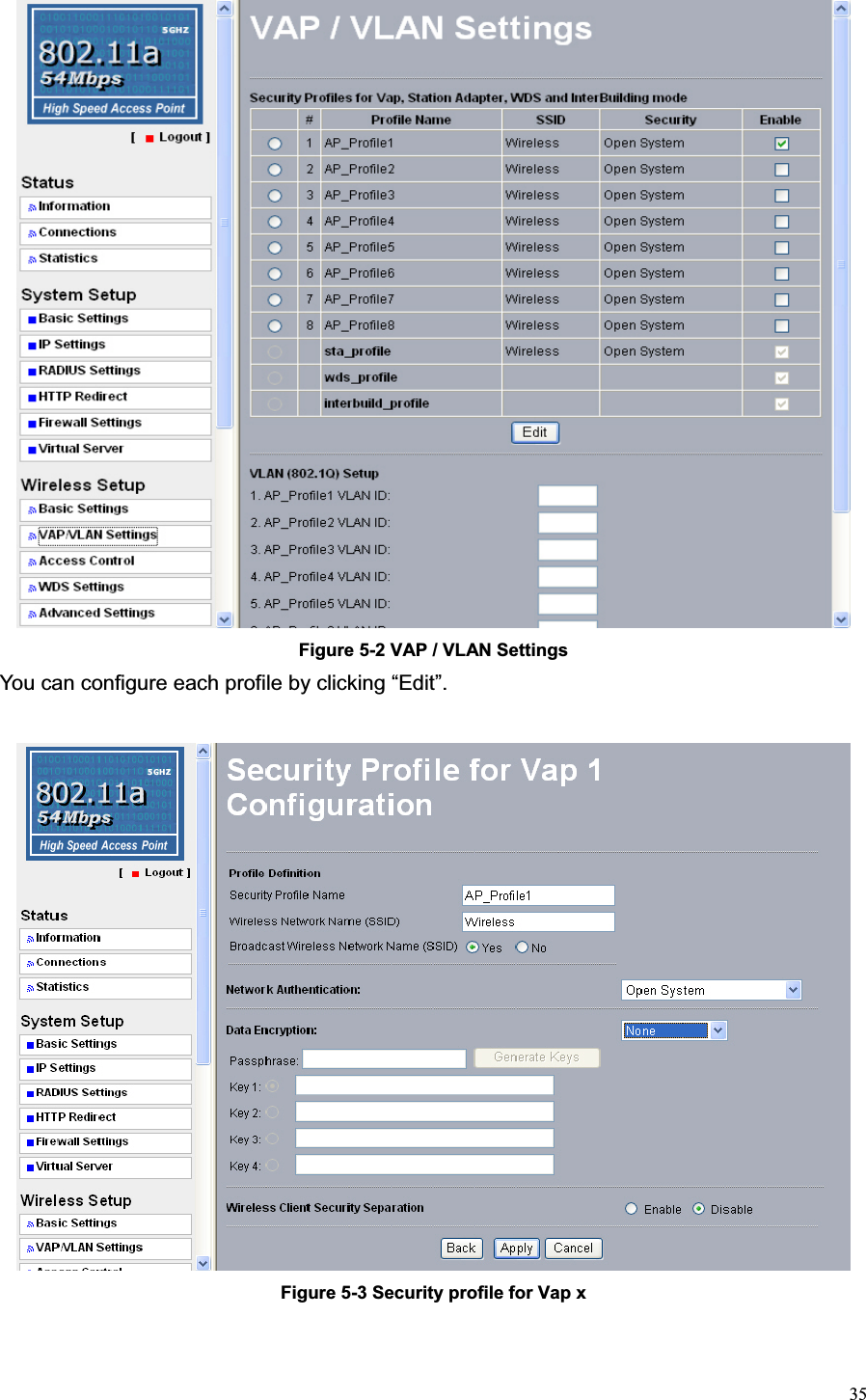 35Figure 5-2 VAP / VLAN Settings You can configure each profile by clicking “Edit”. Figure 5-3 Security profile for Vap x