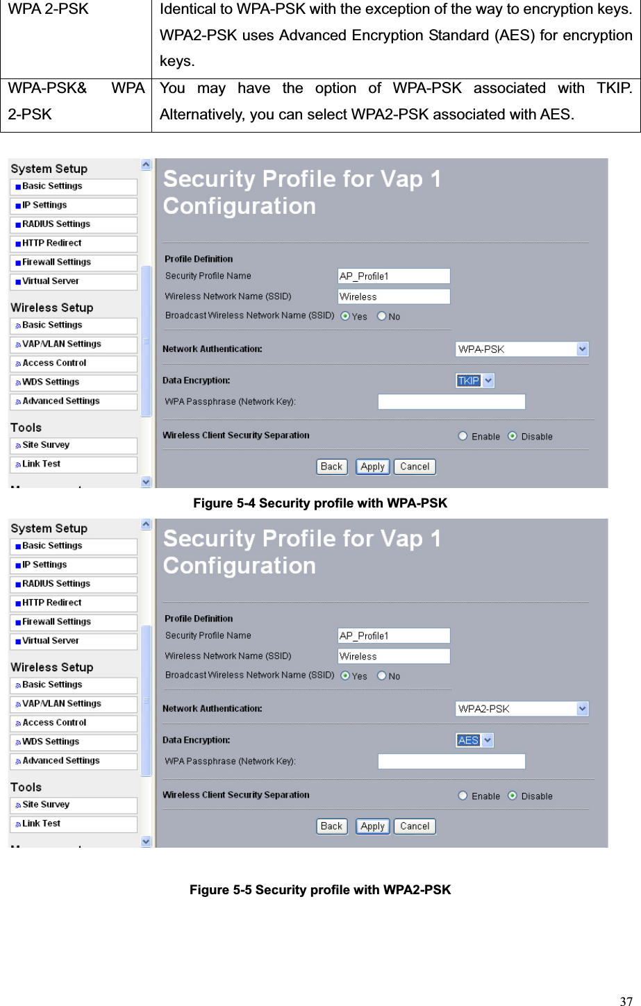 37WPA 2-PSK  Identical to WPA-PSK with the exception of the way to encryption keys. WPA2-PSK uses Advanced Encryption Standard (AES) for encryption keys. WPA-PSK&amp; WPA 2-PSKYou may have the option of WPA-PSK associated with TKIP. Alternatively, you can select WPA2-PSK associated with AES. Figure 5-4 Security profile with WPA-PSK Figure 5-5 Security profile with WPA2-PSK 