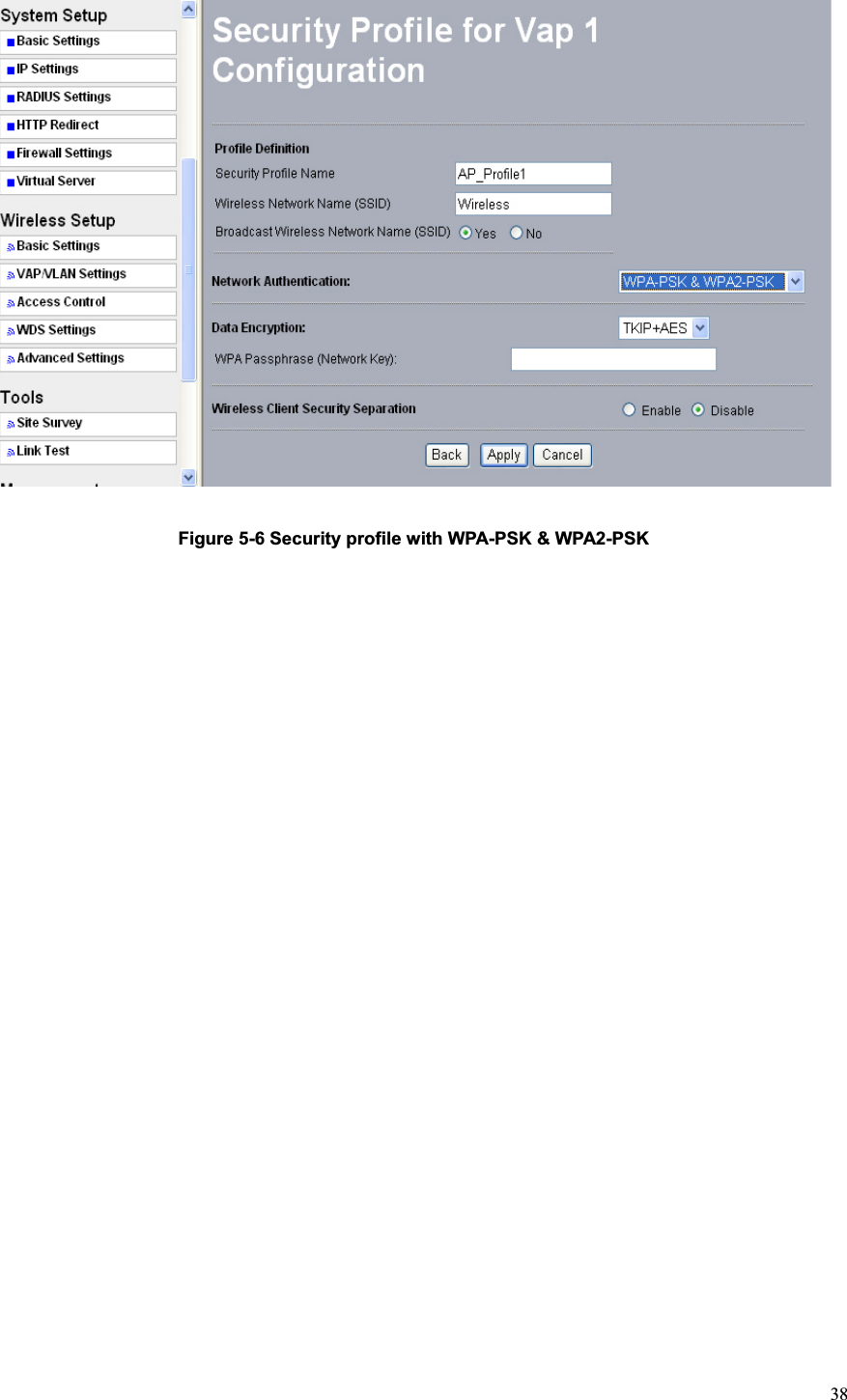 38Figure 5-6 Security profile with WPA-PSK &amp; WPA2-PSK 