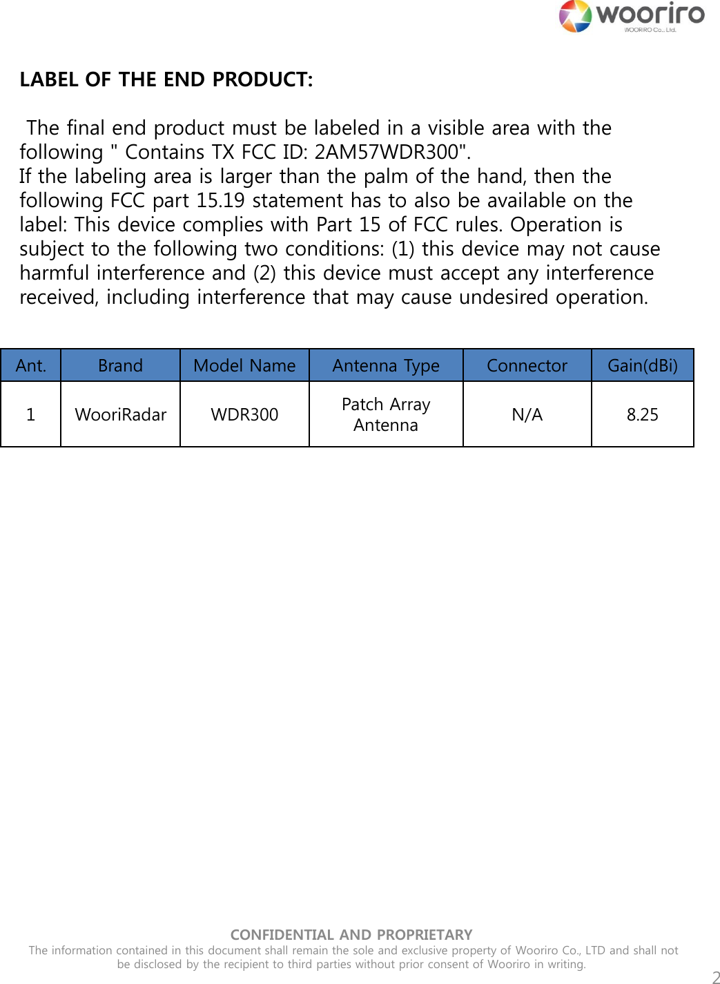 CONFIDENTIAL AND PROPRIETARY  The information contained in this document shall remain the sole and exclusive property of Wooriro Co., LTD and shall not be disclosed by the recipient to third parties without prior consent of Wooriro in writing.  2 LABEL OF THE END PRODUCT:   The final end product must be labeled in a visible area with the following &quot; Contains TX FCC ID: 2AM57WDR300&quot;.  If the labeling area is larger than the palm of the hand, then the following FCC part 15.19 statement has to also be available on the label: This device complies with Part 15 of FCC rules. Operation is subject to the following two conditions: (1) this device may not cause harmful interference and (2) this device must accept any interference received, including interference that may cause undesired operation.   Ant. Brand Model Name Antenna Type Connector Gain(dBi) 1 WooriRadar WDR300 Patch Array Antenna N/A 8.25 