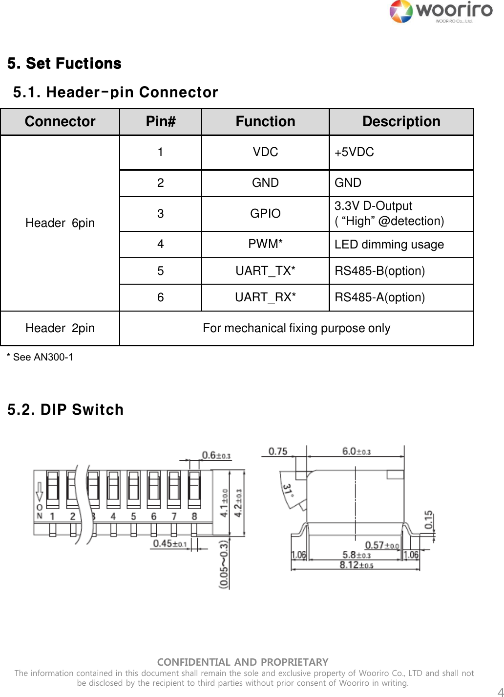 CONFIDENTIAL AND PROPRIETARY  The information contained in this document shall remain the sole and exclusive property of Wooriro Co., LTD and shall not be disclosed by the recipient to third parties without prior consent of Wooriro in writing.  4  5. Set Fuctions Connector Pin# Function Description Header  6pin 1 VDC +5VDC 2 GND GND 3 GPIO 3.3V D-Output ( “High” @detection) 4 PWM* LED dimming usage 5 UART_TX* RS485-B(option) 6 UART_RX*  RS485-A(option) Header  2pin For mechanical fixing purpose only * See AN300-1  5.1. Header-pin Connector  5.2. DIP Switch 
