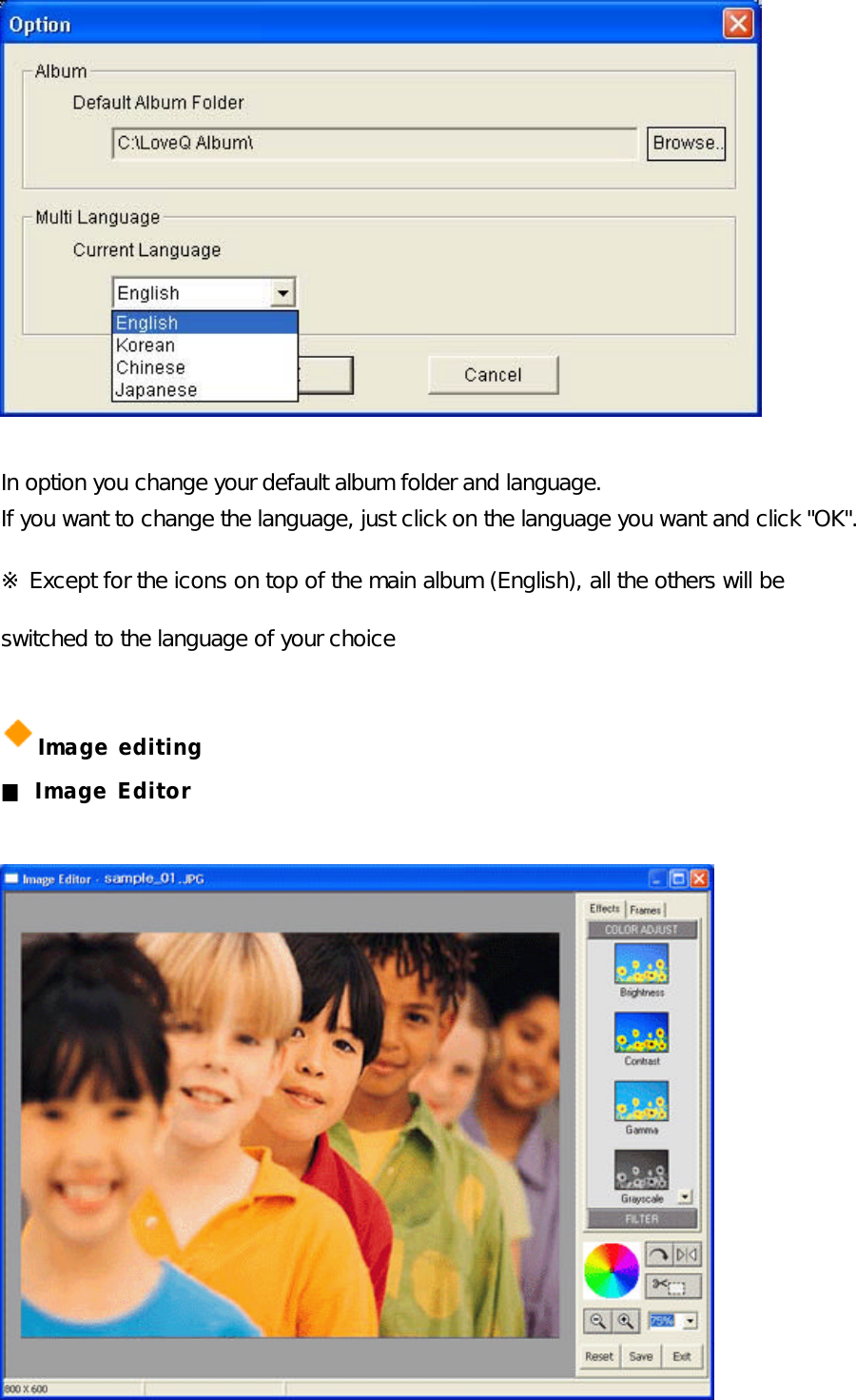            In option you change your default album folder and language.  If you want to change the language, just click on the language you want and click &quot;OK&quot;.  ※ Except for the icons on top of the main album (English), all the others will be  switched to the language of your choice  Image editing ■ Image Editor                 