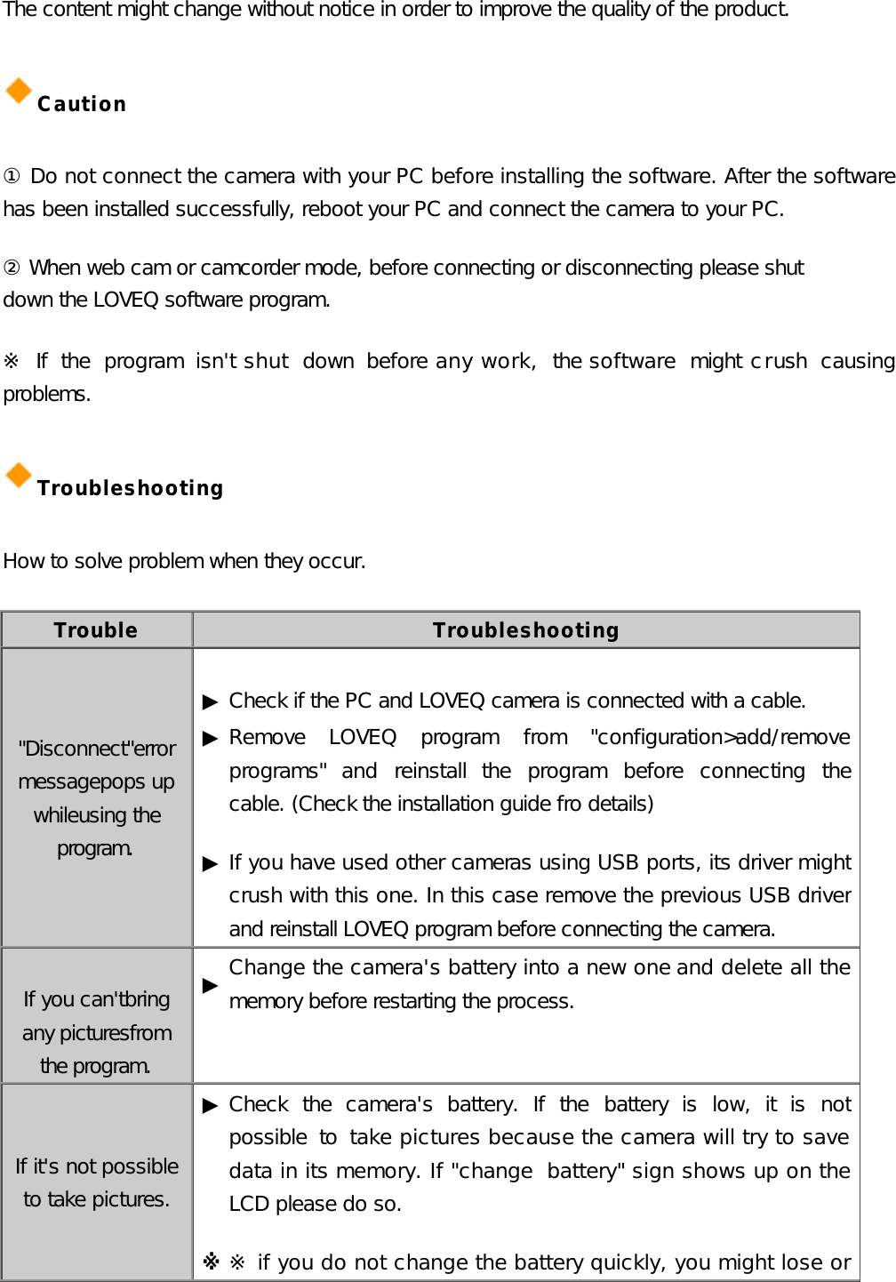 The content might change without notice in order to improve the quality of the product.  Caution  ① Do not connect the camera with your PC before installing the software. After the software has been installed successfully, reboot your PC and connect the camera to your PC.  ② When web cam or camcorder mode, before connecting or disconnecting please shut down the LOVEQ software program.  ※ If the program isn&apos;t shut down before any work, the software might crush causing problems.  Troubleshooting  How to solve problem when they occur.  Trouble Troubleshooting &quot;Disconnect&quot;error messagepops up whileusing the program.  ▶ Check if the PC and LOVEQ camera is connected with a cable. ▶ Remove LOVEQ program from &quot;configuration&gt;add/remove programs&quot; and reinstall the program before connecting the cable. (Check the installation guide fro details) ▶ If you have used other cameras using USB ports, its driver might crush with this one. In this case remove the previous USB driver and reinstall LOVEQ program before connecting the camera.   If you can&apos;tbring any picturesfrom the program. ▶ Change the camera&apos;s battery into a new one and delete all the memory before restarting the process.  If it&apos;s not possible to take pictures. ▶ Check the camera&apos;s battery. If the battery is low, it is not possible to take pictures because the camera will try to save data in its memory. If &quot;change battery&quot; sign shows up on the LCD please do so. ※ ※ if you do not change the battery quickly, you might lose or 