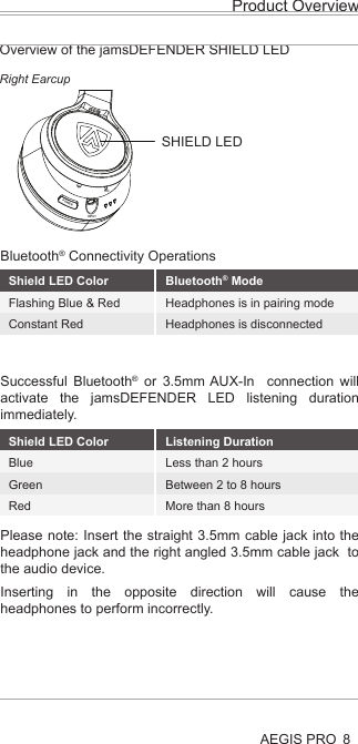 Health and Safety Disclaimer:This AEGIS Pro is provided as is without any health and safety guarantees. In association with the product, AEGIS ACOUSTIC INC makes no warranties of any kind, either express or implied, fitness for a particular purpose. Use of the product by a user is at the user’s risk.Bluetooth®The AEGIS PRO headphones comply with the Bluetooth® technology 4.0 standard and are compatible with all Bluetooth® 1.1, 1.2, 2.0, 2.1, 3.0 and 4.0 devices with the following profiles:Headset Profile (HSP) 1.2 - prov ides the basic functionalities used by the headphones to interact with a Bluetooth® smartphone.Hands-Free Profile (HFP) 1.6 - provides extra functionalities as compared to the HSP. If a function, such as voice control, is not supported by the HSP profile, the HFP will take over.Audio/ Video Remote Control Profile (AVRCP) 1.5 - used to control music on the Bluetooth® device from the headphones (play, pause, skip music track, etc.).Advanced Audio Distribution Profile (A2DP) 1.3, used by a Bluetooth® device to stream high-quality stereo music to the headphones.Device ID Profile (DIP) 1.3 - used by the headphones to be identified, such as by its manufacturer, product ID, product version, etc.jamsDEFENDER technologyAt the core of the AEGIS Pro is our aptly named jamsDEFENDER technology. To prevent hearing damage, it has a Digital Decibel Equalizer (DDE) that ensures the sound volume does not go above 85dB. The DDE first normalizes source volume to 0dB before bringing it back to a safeguarded level of 85dB. Not found in any other product, it is the safest and most consistent solution in the market today. Completing this splendid listening package is a smart active noise cancellation feature, which intelligently analyzes the user’s surroundings and reduces up to 95% of external noise by producing opposite frequencies that cancel out unwanted, ambient noise. This results in a much more listenable clarity to the 85dB volume as well as an improved perception of volume.Dual Driver DesignThere are two precisely-tuned and strategically positioned speakers on each ear cup, consisting of a dedicated low frequency driver that harvests a deep, smooth bass that blends into, rather than overwhelms, the audio, and a high frequency tweeter that replicates crisp, natural vocals. With this, all levels of the frequency spectrum are produced, allowing the user to enjoy studio-quality sound. Also, the design eliminates any “vibrating effect” felt at the ear cups – a common problem caused by current headphones that result in user discomfort and unnecessary stress.LED Light IndicatorsThe AEGIS Pro’s LED light indicators promote responsible listening habits. The LED lights on both ear cups track and display listening durations by lighting up in blue, green and red, indicating safe, reasonable and unsafe levels respectively. This allows parents to monitor and be assured their child is adhering to healthy listening durations.Product OverviewAEGIS PRO 8Overview of the jamsDEFENDER SHIELD LEDSHIELD LEDBluetooth® Connectivity OperationsSuccessful Bluetooth® or 3.5mm AUX-In  connection will activate the jamsDEFENDER LED listening duration immediately.Please note: Insert the straight 3.5mm cable jack into the headphone jack and the right angled 3.5mm cable jack  to the audio device. Inserting in the opposite direction will cause the headphones to perform incorrectly. AEGIS PRO HeadphonesAEGIS Pro takes audio safety to a completely new level. Invented for youth, our headphones contain a volume-limiting function, precisely tuned dual speakers and an active noise cancelling ability, all to ensure the very best of sounds, a stylish look and the safest of listening.At the core of the AEGIS Pro is our aptly named jamsDEFENDER technology. To prevent hearing damage, it has a Digital Decibel Equalizer (DDE) that ensures the sound volume does not go above 85dB. The DDE first normalizes source volume to 0dB before bringing it back to a safeguarded level of 85dB. Not found in any other product, it is the safest and most consistent solution in the market today. Completing this splendid listening package is a smart active noise cancellation feature, which intelligently analyzes the user’s surroundings and reduces up to 95% of external noise by producing opposite frequencies that cancel out unwanted, ambient noise. This results in a much more listenable clarity to the 85dB volume as well as an improved perception of volume.The AEGIS Pro’s dual drivers design does wonders. There are two precisely-tuned and strategically positioned speakers on each ear cup, consisting of a dedicated low frequency driver that harvests a deep, smooth bass that blends into, rather than overwhelms, the audio, and a high frequency tweeter that replicates crisp, natural vocals. With this, all levels of the frequency spectrum are produced, allowing the user to enjoy studio-quality sound. Also, the design eliminates any “vibrating effect” felt at the ear cups – a common problem caused by current headphones that result in user discomfort and unnecessary stress.When it comes to connectivity, the AEGIS Pro is second to none. Users can pair and play the AEGIS Pro with Bluetooth or any other compatible device, all with the mobility to move freely up to 30 feet from the source. With a built-in rechargeable lithium ion battery, users can also enjoy 14 hours of wireless freedom.The AEGIS Pro’s LED light indicators promote responsible listening habits. The LED lights on both ear cups track and display listening durations by lighting up in blue, green and red, indicating safe, reasonable and unsafe levels respectively. This allows parents to monitor and be assured their child is adhering to healthy listening durations.POWERINPUTMICRight EarcupShield LED ColorFlashing Blue &amp; RedConstant RedShield LED ColorBlueGreenRedListening DurationLess than 2 hoursBetween 2 to 8 hoursMore than 8 hoursBluetooth® ModeHeadphones is in pairing modeHeadphones is disconnected