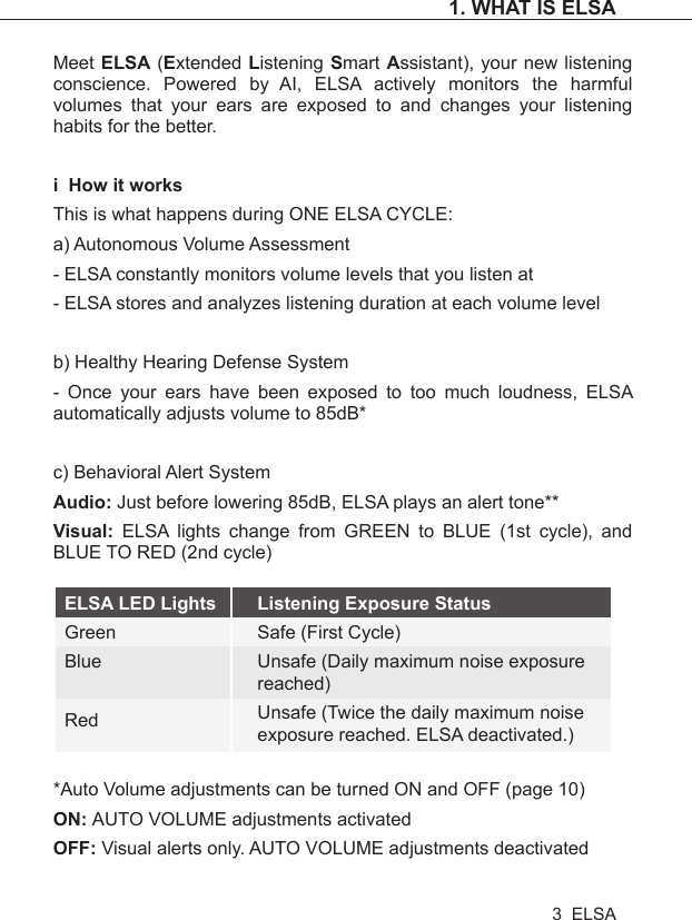 Meet ELSA (Extended Listening Smart Assistant), your new listening conscience. Powered by AI, ELSA actively monitors the harmful volumes that your ears are exposed to and changes your listening habits for the better.i  How it worksThis is what happens during ONE ELSA CYCLE:a) Autonomous Volume Assessment- ELSA constantly monitors volume levels that you listen at- ELSA stores and analyzes listening duration at each volume levelb) Healthy Hearing Defense System- Once your ears have been exposed to too much loudness, ELSA automatically adjusts volume to 85dB*c) Behavioral Alert SystemAudio: Just before lowering 85dB, ELSA plays an alert tone**Visual:  ELSA lights change from GREEN to BLUE (1st cycle), and BLUE TO RED (2nd cycle)*Auto Volume adjustments can be turned ON and OFF (page 10)ON: AUTO VOLUME adjustments activatedOFF: Visual alerts only. AUTO VOLUME adjustments deactivatedELSA LED LightsGreenBlueRedListening Exposure StatusSafe (First Cycle)Unsafe (Daily maximum noise exposure reached)Unsafe (Twice the daily maximum noise exposure reached. ELSA deactivated.)1. WHAT IS ELSA3  ELSA