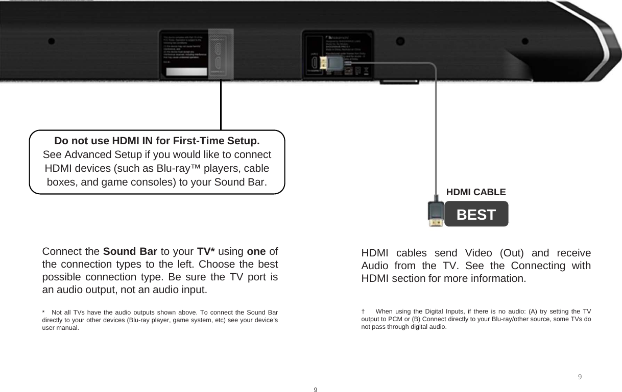 HDMI CABLEBESTHDMI cables send Video (Out) and receiveAudio from the TV. See the Connecting withHDMI section for more information.† When using the Digital Inputs, if there is no audio: (A) try setting the TVoutput to PCM or (B) Connect directly to your Blu-ray/other source, some TVs donot pass through digital audio.Connect the Sound Bar to your TV* using one ofthe connection types to the left. Choose the bestpossible connection type. Be sure the TV port isan audio output, not an audio input.* Not all TVs have the audio outputs shown above. To connect the Sound Bardirectly to your other devices (Blu-ray player, game system, etc) see your device’suser manual.9Do not use HDMI IN for First-Time Setup.See Advanced Setup if you would like to connect HDMI devices (such as Blu-ray™ players, cable boxes, and game consoles) to your Sound Bar.9