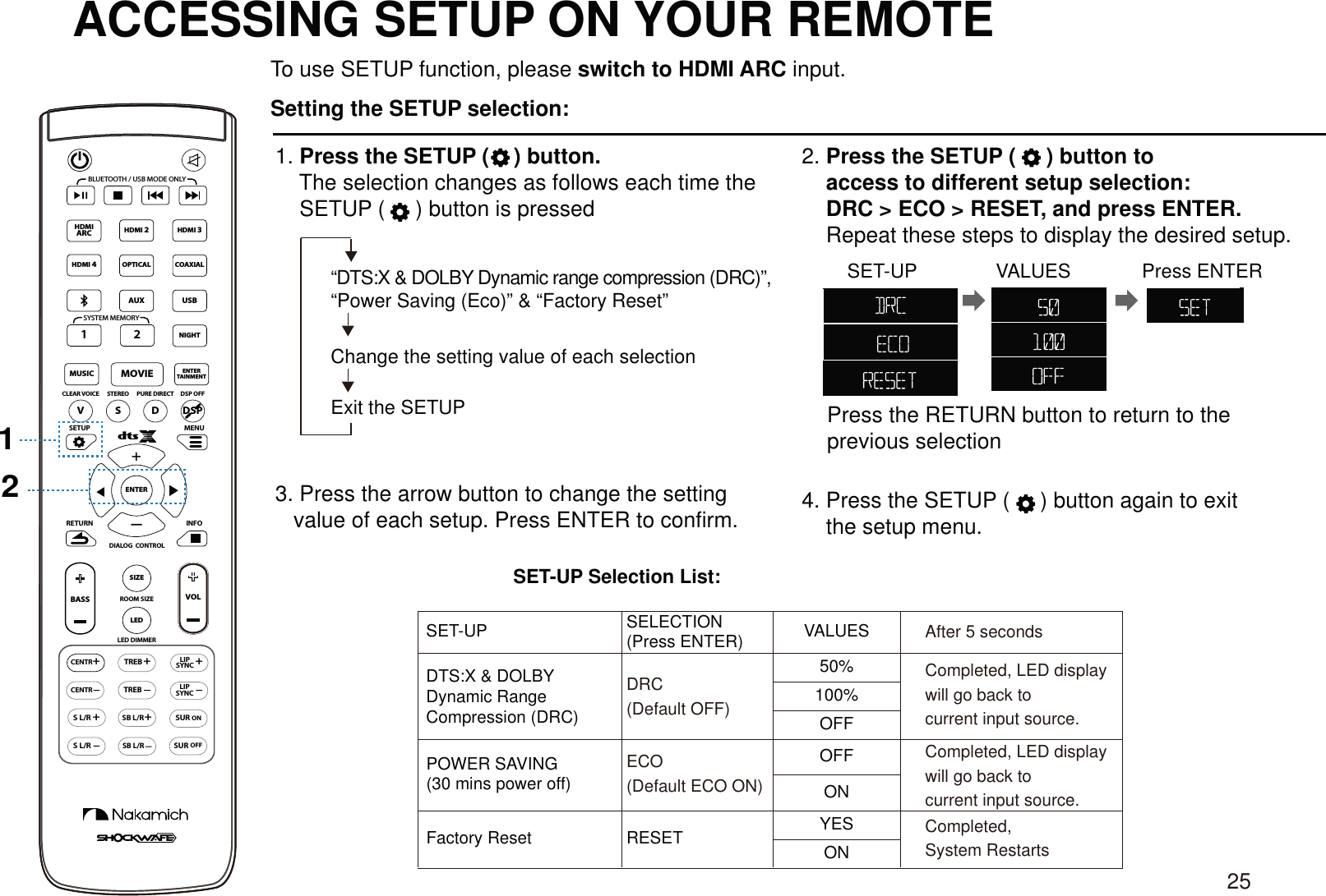 ACCESSING SETUP ON YOUR REMOTE To use SETUP function, please switch to HDMI ARC input.Setting the SETUP selection:1. Press the SETUP (    ) button.    The selection changes as follows each time the     SETUP (     ) button is pressed“DTS:X &amp; DOLBY Dynamic range compression (DRC)”,Change the setting value of each selection2. Press the SETUP (     ) button to     access to different setup selection:     DRC &gt; ECO &gt; RESET, and press ENTER.    Repeat these steps to display the desired setup.3. Press the arrow button to change the setting    value of each setup. Press ENTER to confirm. 4. Press the SETUP (     ) button again to exit     the setup menu.CENTR+++LEDSIZEVSDCLEAR VOICESETUPRETURN INFOLED DIMMERVOLMENUENTERSTEREO PURE DIRECT DSP OFF+TREBCENTRONSURSUROFFTREB+LIPSYNC+SB L/RSB L/R+S L/RS L/RLIPSYNCBLUETOOTH / USB MODE ONLYSYSTEM MEMORYBASSDSPROOM SIZEDIALOG  CONTROLHDMI 2HDMI 3MOVIEENTERTAINMENTMUSICOPTICAL2AUXHDMIARCHDMI 4COAXIALUSB1NIGHT12Exit the SETUP   Press the RETURN button to return to the   previous selectionSET-UP VALUES Press ENTERSET-UP Selection List:SET-UP SELECTION(Press ENTER) VALUESOFFOFFONYES50%100%POWER SAVING(30 mins power off)Factory Reset RESET“Power Saving (Eco)” &amp; “Factory Reset”DTS:X &amp; DOLBYDynamic Range Compression (DRC)DRC(Default OFF)ECO(Default ECO ON)After 5 secondsONCompleted, LED display will go back to current input source.Completed, LED display will go back to current input source.Completed, System Restarts25