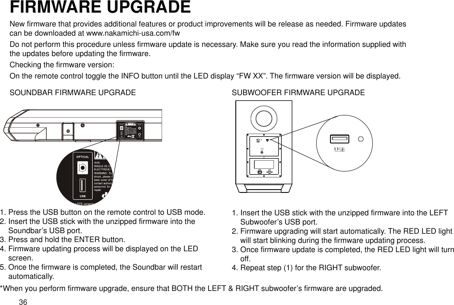 FIRMWARE UPGRADENew firmware that provides additional features or product improvements will be release as needed. Firmware updates can be downloaded at www.nakamichi-usa.com/fwDo not perform this procedure unless firmware update is necessary. Make sure you read the information supplied with the updates before updating the firmware.Checking the firmware version:On the remote control toggle the INFO button until the LED display “FW XX”. The firmware version will be displayed.SOUNDBAR FIRMWARE UPGRADE SUBWOOFER FIRMWARE UPGRADE1. Press the USB button on the remote control to USB mode.2. Insert the USB stick with the unzipped firmware into the     Soundbar’s USB port.3. Press and hold the ENTER button.4. Firmware updating process will be displayed on the LED     screen.5. Once the firmware is completed, the Soundbar will restart     automatically.1. Insert the USB stick with the unzipped firmware into the LEFT     Subwoofer’s USB port.2. Firmware upgrading will start automatically. The RED LED light     will start blinking during the firmware updating process.3. Once firmware update is completed, the RED LED light will turn     off.4. Repeat step (1) for the RIGHT subwoofer.*When you perform firmware upgrade, ensure that BOTH the LEFT &amp; RIGHT subwoofer’s firmware are upgraded.36