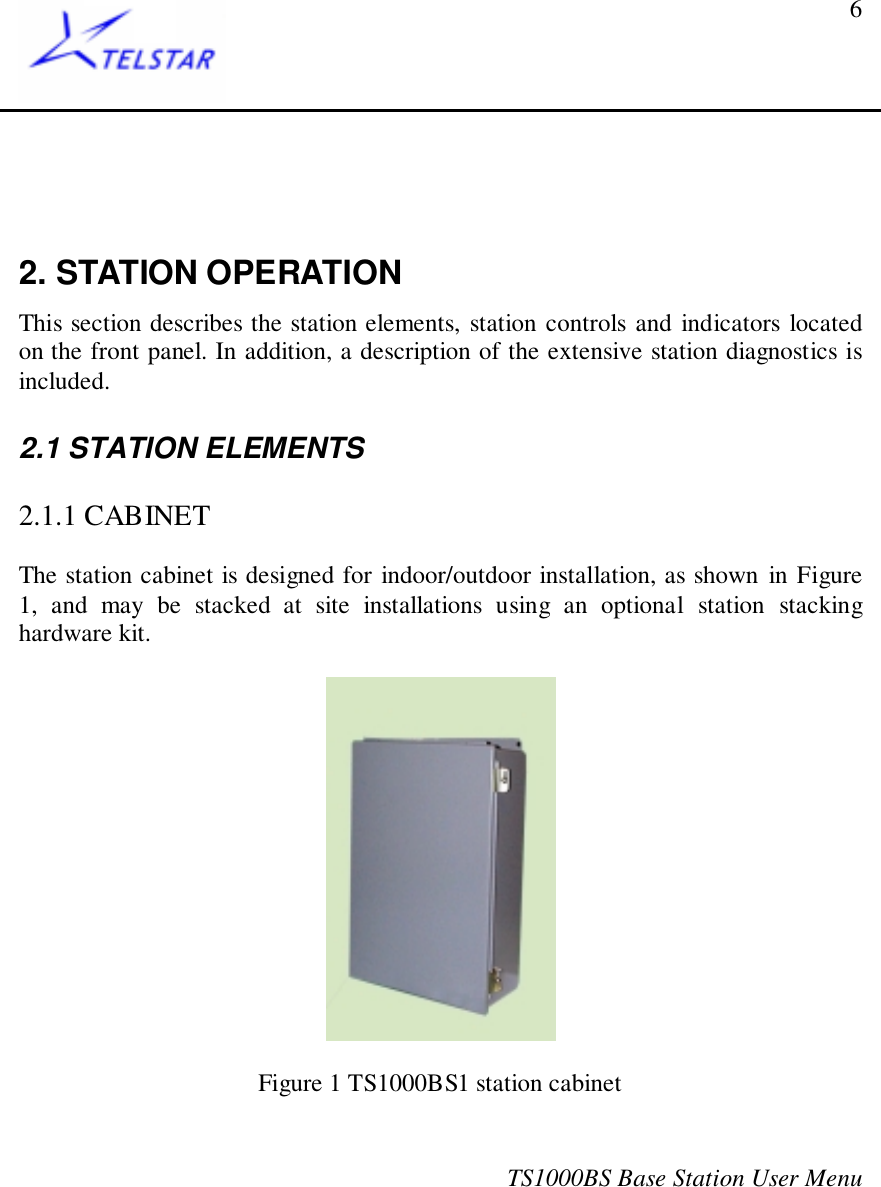 TS1000BS Base Station User Menu62. STATION OPERATIONThis section describes the station elements, station controls and indicators locatedon the front panel. In addition, a description of the extensive station diagnostics isincluded.2.1 STATION ELEMENTS2.1.1 CABINETThe station cabinet is designed for indoor/outdoor installation, as shown in Figure1, and may be stacked at site installations using an optional station stackinghardware kit.Figure 1 TS1000BS1 station cabinet