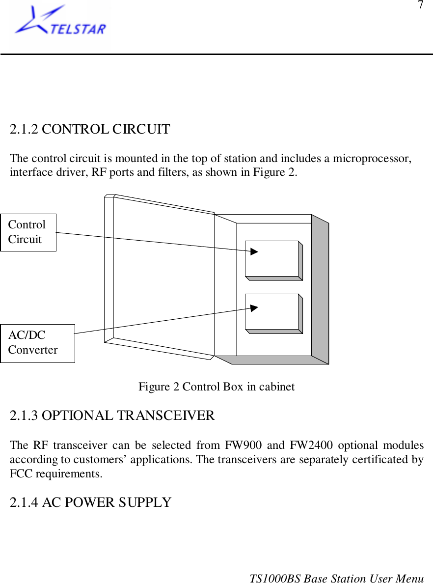 TS1000BS Base Station User Menu72.1.2 CONTROL CIRCUITThe control circuit is mounted in the top of station and includes a microprocessor,interface driver, RF ports and filters, as shown in Figure 2.Figure 2 Control Box in cabinet2.1.3 OPTIONAL TRANSCEIVERThe RF transceiver can be selected from FW900 and FW2400 optional modulesaccording to customers’ applications. The transceivers are separately certificated byFCC requirements.2.1.4 AC POWER SUPPLYControlCircuitAC/DCConverter