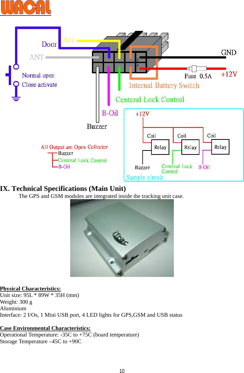   10 IX. Technical Specifications (Main Unit) The GPS and GSM modules are integrated inside the tracking unit case.   Physical Characteristics: Unit size: 95L * 89W * 35H (mm) Weight: 300 g   Aluminium Interface: 2 I/Os, 1 Mini USB port, 4 LED lights for GPS,GSM and USB status  Case Environmental Characteristics: Operational Temperature: -35C to +75C (board temperature) Storage Temperature –45C to +90C  