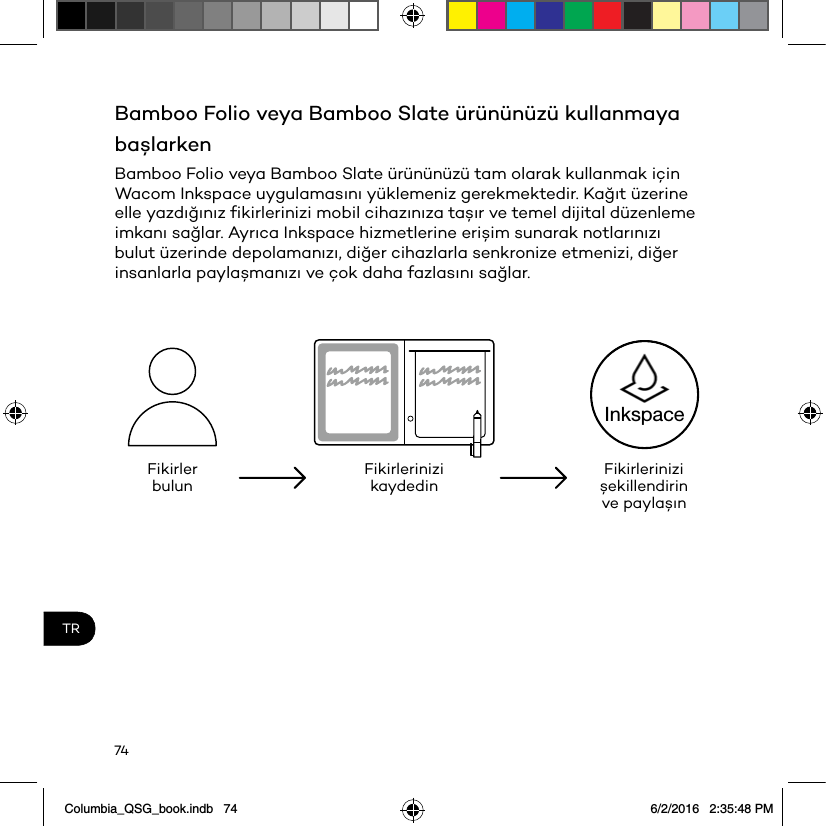 74TRBamboo Folo veya Bamboo Slate ürününüzü kullanmaya başlarkenBamboo Folo veya Bamboo Slate ürününüzü tam olarak kullanmak çn Wacom Inkspace uygulamasını yüklemenz gerekmektedr. Kağıt üzerne elle yazdığınız fkrlernz mobl chazınıza taşır ve temel djtal düzenleme mkanı sağlar. Ayrıca Inkspace hzmetlerne erşm sunarak notlarınızı bulut üzernde depolamanızı, dğer chazlarla senkronze etmenz, dğer nsanlarla paylaşmanızı ve çok daha fazlasını sağlar.Fkrler bulun Fkrlernz kaydedn Fkrlernz şekllendrn ve paylaşınInkspaceColumbia_QSG_book.indb   74 6/2/2016   2:35:48 PM