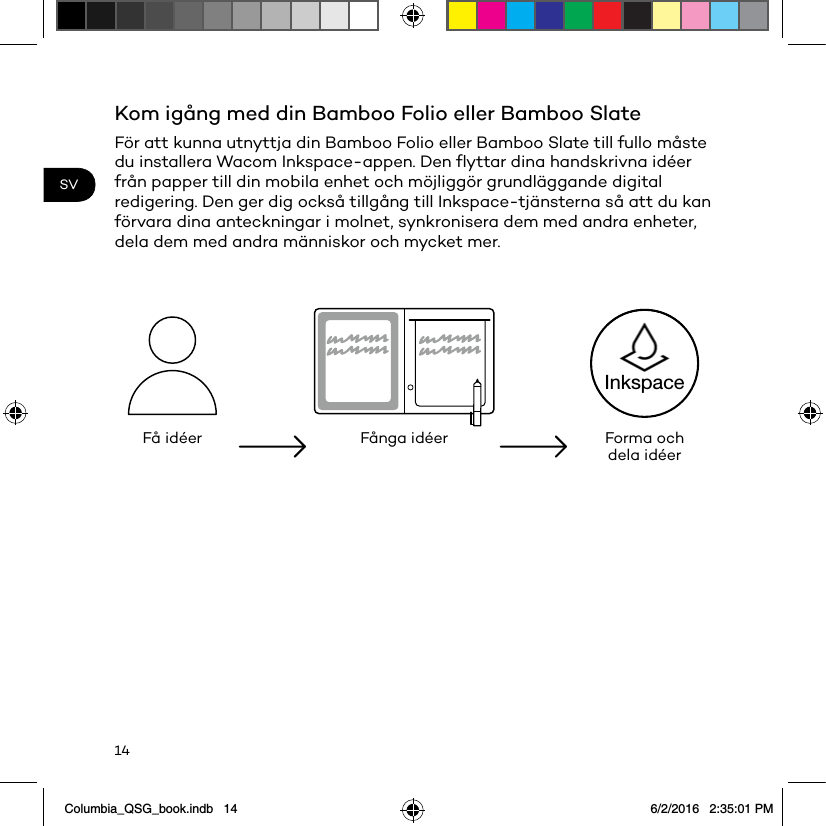 14SVKom igång med din Bamboo Folio eller Bamboo SlateFör att kunna utnyttja din Bamboo Folio eller Bamboo Slate till fullo måste du installera Wacom Inkspace-appen. Den ﬂyttar dina handskrivna idéer från papper till din mobila enhet och möjliggör grundläggande digital redigering. Den ger dig också tillgång till Inkspace-tjänsterna så att du kan förvara dina anteckningar i molnet, synkronisera dem med andra enheter, dela dem med andra människor och mycket mer.Få idéer Fånga idéer Forma och dela idéerInkspaceColumbia_QSG_book.indb   14 6/2/2016   2:35:01 PM