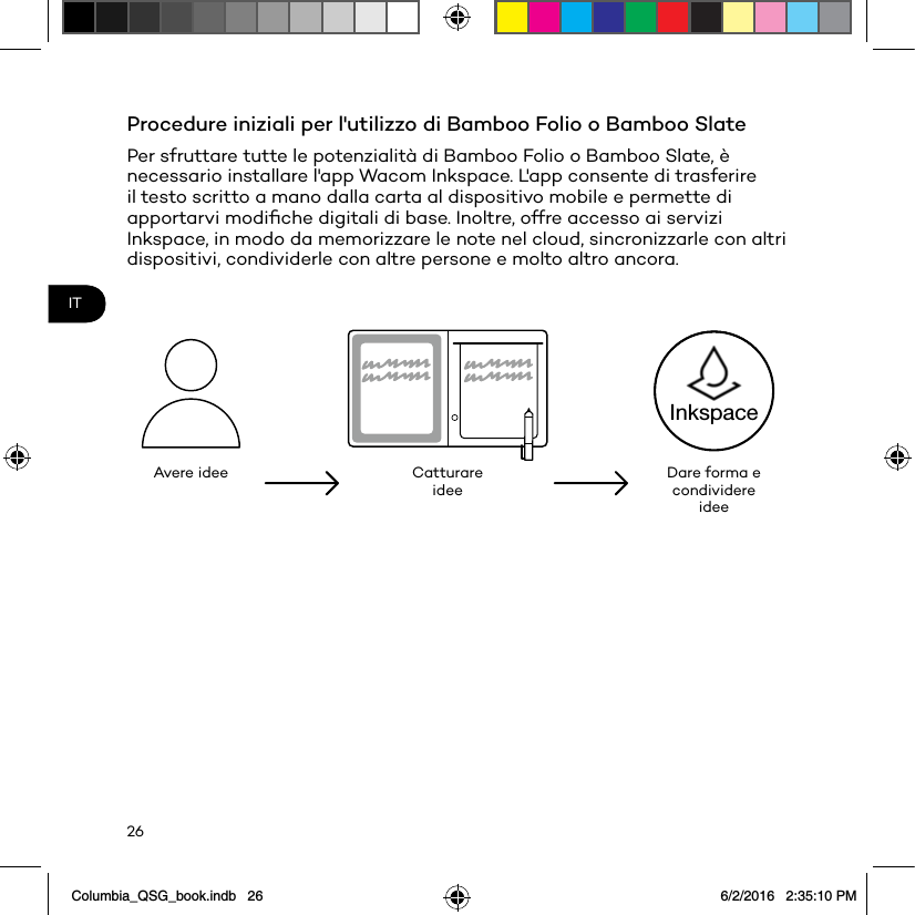 26ITProcedure iniziali per l&apos;utilizzo di Bamboo Folio o Bamboo SlatePer sfruttare tutte le potenzialità di Bamboo Folio o Bamboo Slate, è necessario installare l&apos;app Wacom Inkspace. L&apos;app consente di trasferire il testo scritto a mano dalla carta al dispositivo mobile e permette di apportarvi modiﬁche digitali di base. Inoltre, offre accesso ai servizi Inkspace, in modo da memorizzare le note nel cloud, sincronizzarle con altri dispositivi, condividerle con altre persone e molto altro ancora.Avere idee Catturare ideeDare forma e condividere ideeInkspaceColumbia_QSG_book.indb   26 6/2/2016   2:35:10 PM