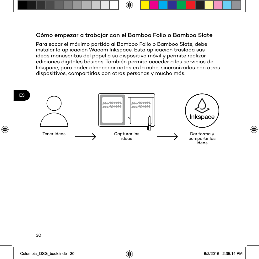 30ESCómo empezar a trabajar con el Bamboo Folio o Bamboo SlatePara sacar el máximo partido al Bamboo Folio o Bamboo Slate, debe instalar la aplicación Wacom Inkspace. Esta aplicación traslada sus ideas manuscritas del papel a su dispositivo móvil y permite realizar ediciones digitales básicas. También permite acceder a los servicios de Inkspace, para poder almacenar notas en la nube, sincronizarlas con otros dispositivos, compartirlas con otras personas y mucho más.Ten er i dea s Capturar las ideas Dar forma y compartir las ideasInkspaceColumbia_QSG_book.indb   30 6/2/2016   2:35:14 PM