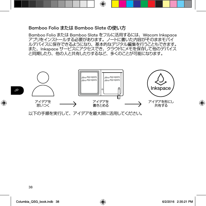 38JPBamboo Folio または Bamboo Slate の使い方Bamboo Folio または Bamboo Slate をフルに活用するには、Wacom Inkspaceアプリをインストールする必要があります。ノートに書いた内容がそのままモバイルデバイスに保存できるようになり、基本的なデジタル編集を行うこともできます。また、Inkspace サービスにアクセスでき、クラウドにメモを保存して他のデバイスと同期したり、他の人と共有したりするなど、多くのことが可能になります。アイデアを 思いつくアイデアを 書きとめるアイデアを形にし 共有するInkspace以下の手順を実行して、アイデアを最大限に活用してください。Columbia_QSG_book.indb   38 6/2/2016   2:35:21 PM