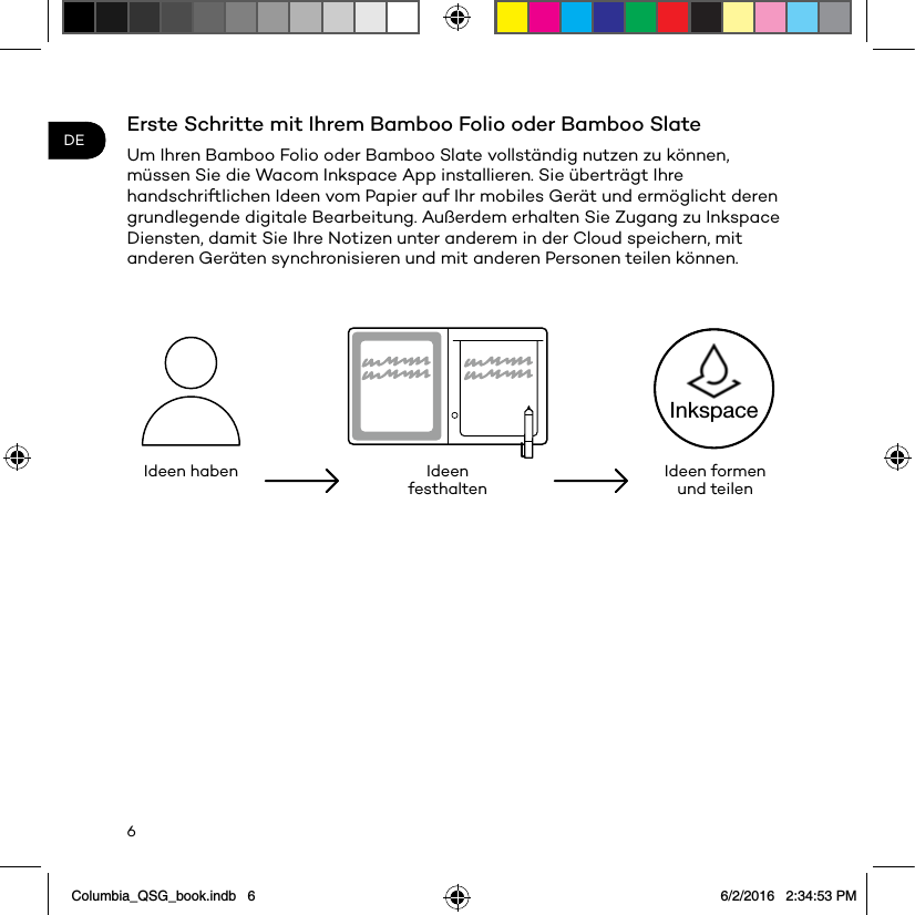 6DE Erste Schritte mit Ihrem Bamboo Folio oder Bamboo SlateUm Ihren Bamboo Folio oder Bamboo Slate vollständig nutzen zu können, müssen Sie die Wacom Inkspace App installieren. Sie überträgt Ihre handschriftlichen Ideen vom Papier auf Ihr mobiles Gerät und ermöglicht deren grundlegende digitale Bearbeitung. Außerdem erhalten Sie Zugang zu Inkspace Diensten, damit Sie Ihre Notizen unter anderem in der Cloud speichern, mit anderen Geräten synchronisieren und mit anderen Personen teilen können.Ideen haben Ideen festhalten Ideen formen und teilenInkspaceColumbia_QSG_book.indb   6 6/2/2016   2:34:53 PM