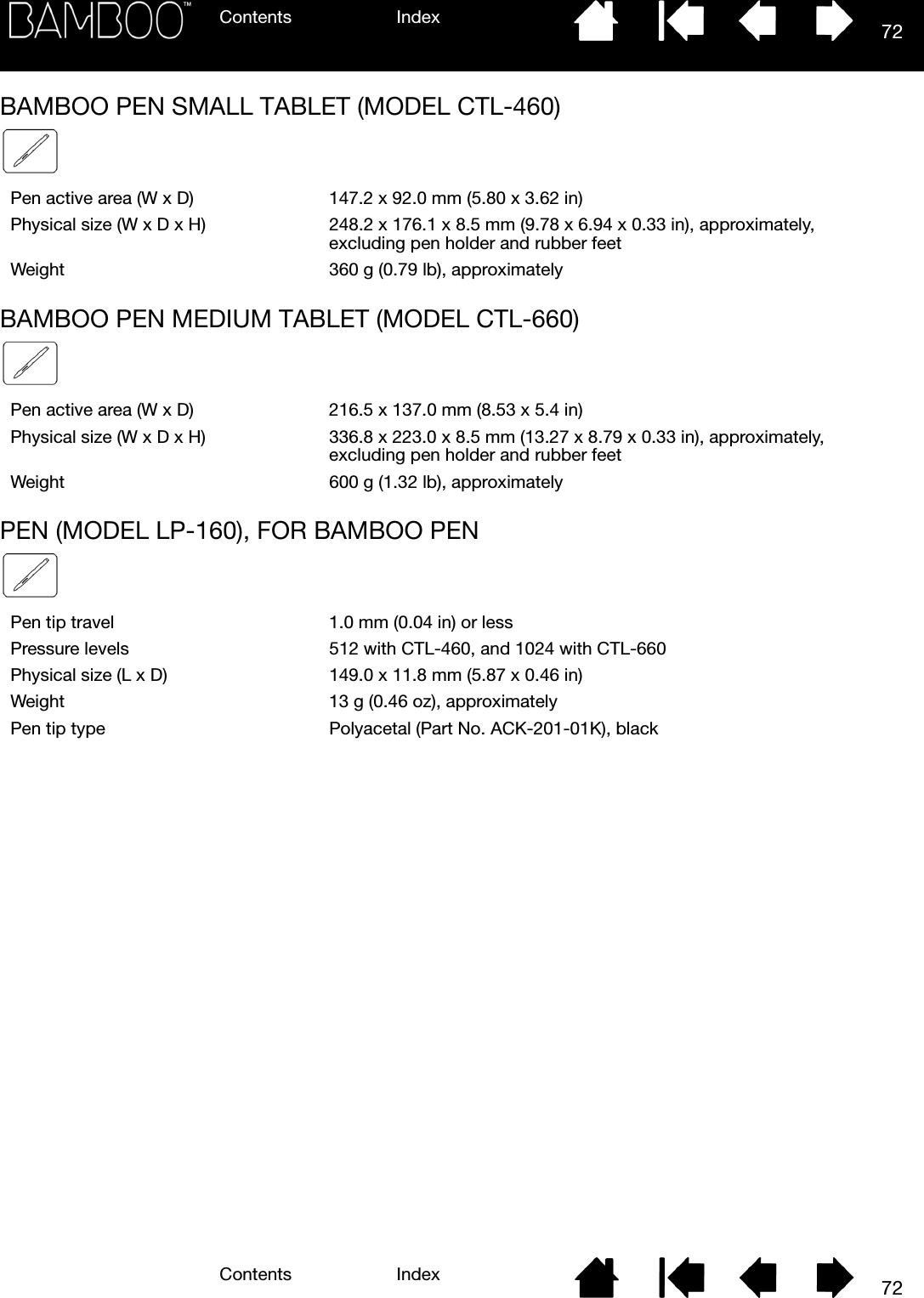Contents IndexContents 72Index72BAMBOO PEN SMALL TABLET (MODEL CTL-460)BAMBOO PEN MEDIUM TABLET (MODEL CTL-660)PEN (MODEL LP-160), FOR BAMBOO PENPen active area (W x D) 147.2 x 92.0 mm (5.80 x 3.62 in)Physical size (W x D x H) 248.2 x 176.1 x 8.5 mm (9.78 x 6.94 x 0.33 in), approximately, excluding pen holder and rubber feetWeight 360 g (0.79 lb), approximatelyPen active area (W x D) 216.5 x 137.0 mm (8.53 x 5.4 in)Physical size (W x D x H) 336.8 x 223.0 x 8.5 mm (13.27 x 8.79 x 0.33 in), approximately, excluding pen holder and rubber feetWeight 600 g (1.32 lb), approximatelyPen tip travel 1.0 mm (0.04 in) or lessPressure levels 512 with CTL-460, and 1024 with CTL-660Physical size (L x D) 149.0 x 11.8 mm (5.87 x 0.46 in)Weight 13 g (0.46 oz), approximatelyPen tip type Polyacetal (Part No. ACK-201-01K), black