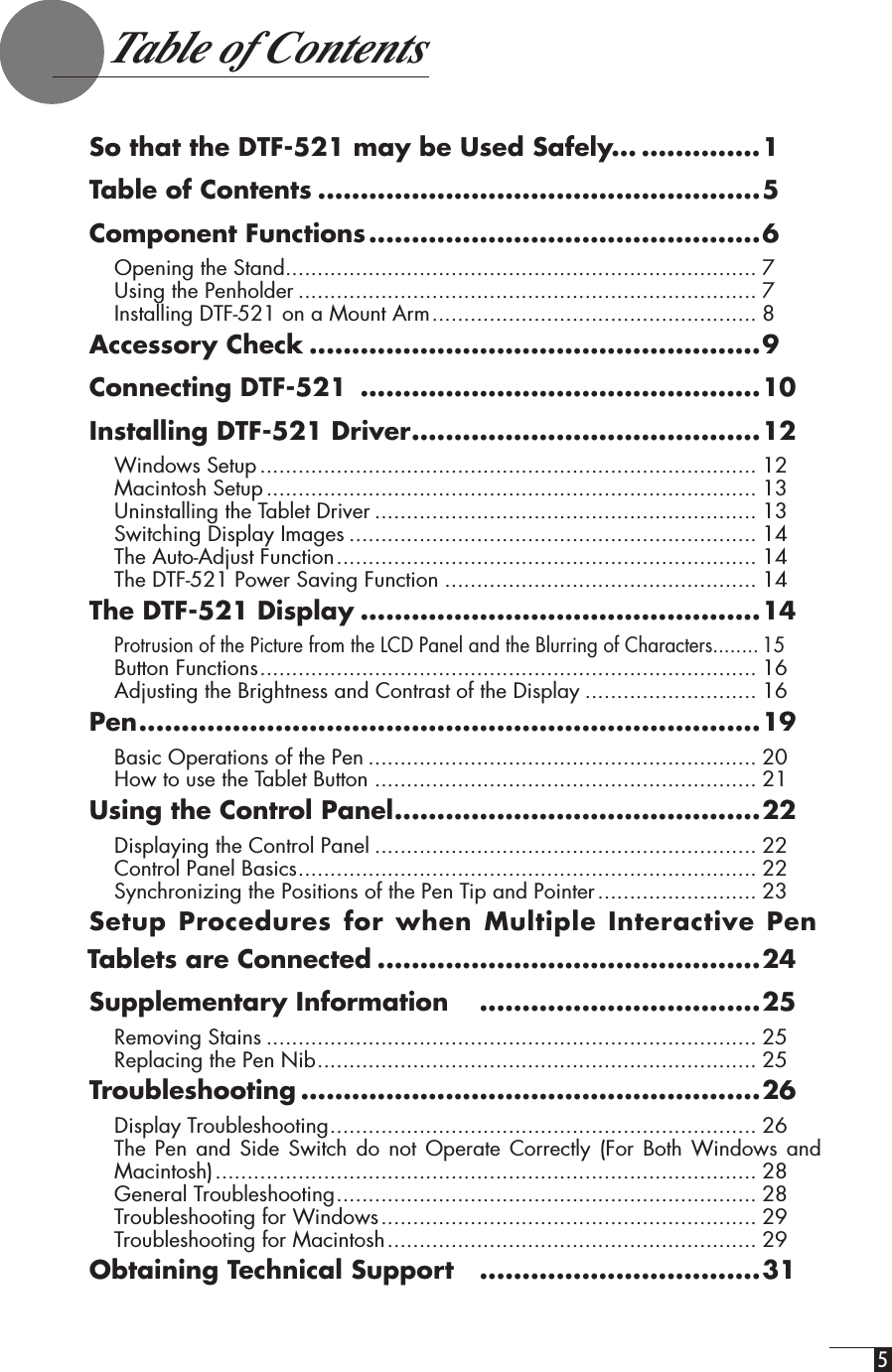  5   Table of ContentsSo that the DTF-521 may be Used Safely... ..............1Table of Contents ....................................................5Component Functions ..............................................6Opening the Stand .......................................................................... 7Using the Penholder ........................................................................ 7Installing DTF-521 on a Mount Arm ................................................... 8Accessory Check .....................................................9Connecting DTF-521   ...............................................10Installing DTF-521 Driver .........................................12Windows Setup .............................................................................. 12Macintosh Setup ............................................................................. 13Uninstalling the Tablet Driver ............................................................ 13Switching Display Images ................................................................ 14The Auto-Adjust Function .................................................................. 14The DTF-521 Power Saving Function ................................................. 14The DTF-521 Display ...............................................14Protrusion of the Picture from the LCD Panel and the Blurring of Characters... ..... 15Button Functions .............................................................................. 16Adjusting the Brightness and Contrast of the Display ........................... 16Pen .........................................................................19Basic Operations of the Pen ............................................................. 20How to use the Tablet Button ............................................................ 21Using the Control Panel ...........................................22Displaying the Control Panel ............................................................ 22Control Panel Basics ........................................................................ 22Synchronizing the Positions of the Pen Tip and Pointer ......................... 23Setup Procedures for  when Multiple Interactive  Pen Tablets are Connected .............................................24Supplementary Information     .................................25Removing Stains ............................................................................. 25Replacing the Pen Nib ..................................................................... 25Troubleshooting ......................................................26Display Troubleshooting ................................................................... 26The Pen and Side Switch do not Operate Correctly (For Both  Windows and Macintosh) ..................................................................................... 28General Troubleshooting .................................................................. 28Troubleshooting for Windows ........................................................... 29Troubleshooting for Macintosh .......................................................... 29Obtaining Technical Support    .................................31
