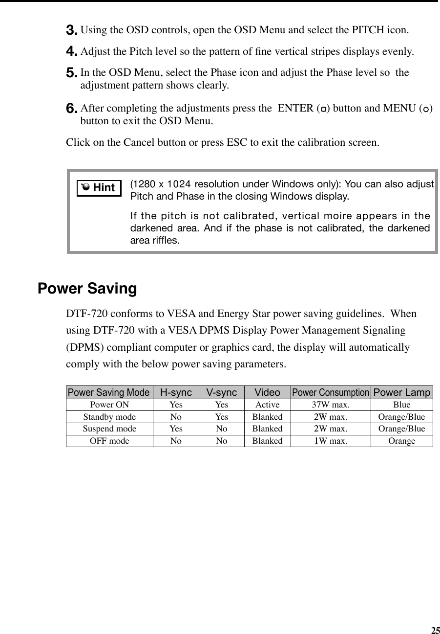 253. Using the OSD controls, open the OSD Menu and select the PITCH icon.4. Adjust the Pitch level so the pattern of ﬁne vertical stripes displays evenly.5. In the OSD Menu, select the Phase icon and adjust the Phase level so  the adjustment pattern shows clearly.6. After completing the adjustments press the  ENTER ( ) button and MENU ( ) button to exit the OSD Menu.Click on the Cancel button or press ESC to exit the calibration screen.Power Saving(1280 x 1024 resolution under Windows only): You can also adjust Pitch and Phase in the closing Windows display.If the pitch is not calibrated, vertical moire appears in the darkened  area.  And  if  the  phase  is  not  calibrated,  the  darkened area rifﬂes. HintDTF-720 conforms to VESA and Energy Star power saving guidelines.  When using DTF-720 with a VESA DPMS Display Power Management Signaling (DPMS) compliant computer or graphics card, the display will automatically comply with the below power saving parameters.Power Saving ModeH-sync V-sync VideoPower ConsumptionPower LampPower ONYesYesActive37W max.BlueStandby modeNoYesBlanked2W max.Orange/BlueSuspend modeYesNoBlanked2W max.Orange/BlueOFF modeNoNoBlanked1W max.Orange