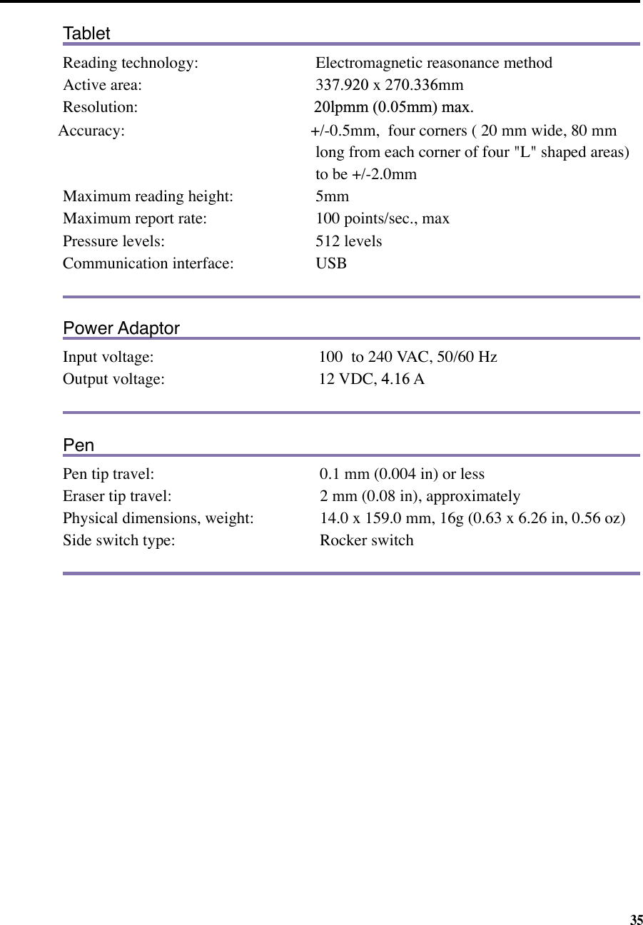 35Power AdaptorInput voltage:  100  to 240 VAC, 50/60 HzOutput voltage: 12 VDC, 4.16 A Pen Pen tip travel:    0.1 mm (0.004 in) or lessEraser tip travel:    2 mm (0.08 in), approximatelyPhysical dimensions, weight:  14.0 x 159.0 mm, 16g (0.63 x 6.26 in, 0.56 oz)Side switch type:    Rocker switch TabletReading technology: Electromagnetic reasonance methodActive area: 337.920 x 270.336mmResolution:           20lpmm (0.05mm) max.Accuracy: +/-0.5mm,  four corners ( 20 mm wide, 80 mm long from each corner of four &quot;L&quot; shaped areas) to be +/-2.0mmMaximum reading height:  5mmMaximum report rate:  100 points/sec., max Pressure levels:  512 levelsCommunication interface: USB