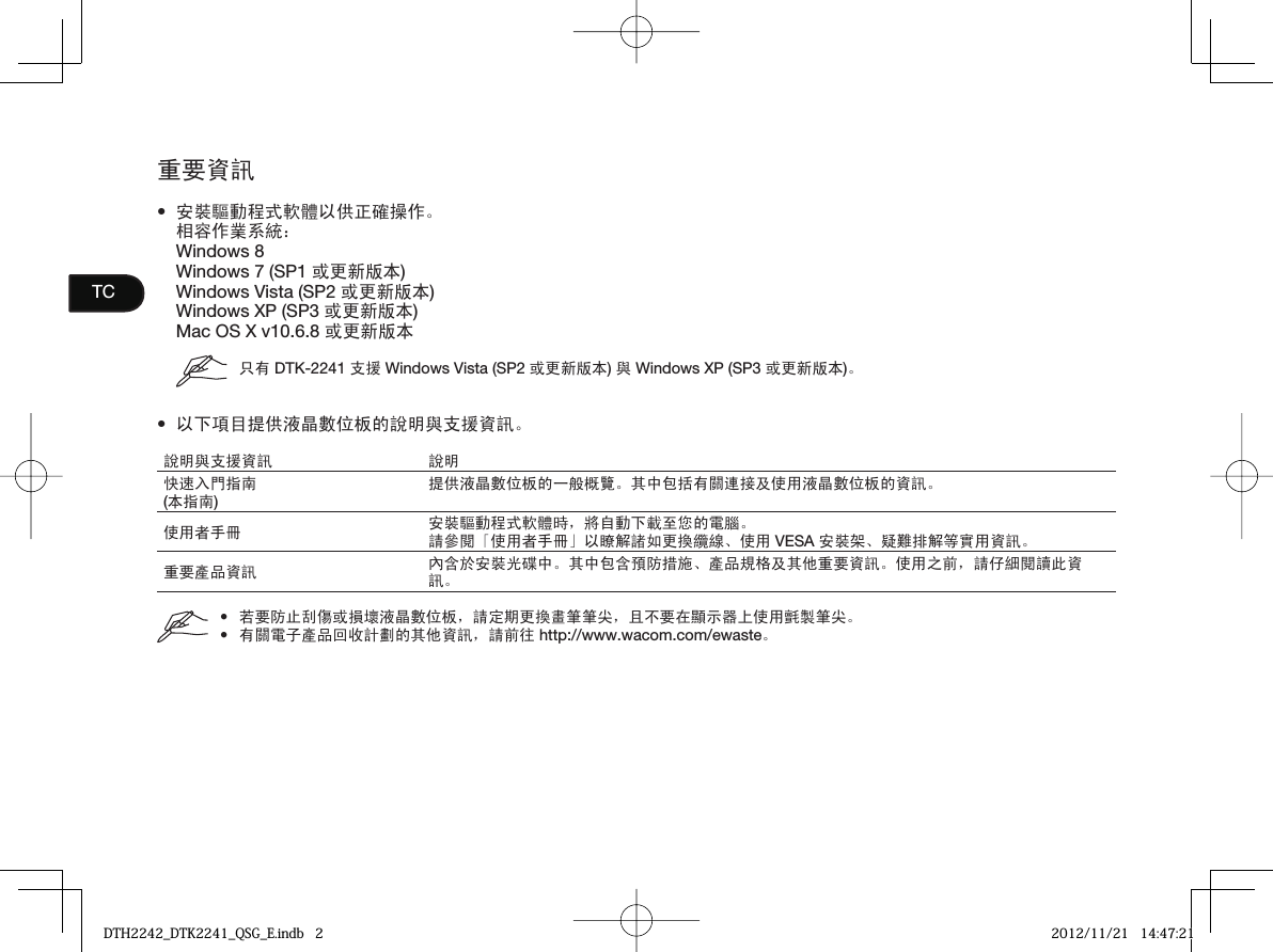 重要資訊安裝驅動程式軟體以供正確操作。相容作業系統：Windows 8Windows 7 (SP1 或更新版本)Windows Vista (SP2 或更新版本)Windows XP (SP3 或更新版本)Mac OS X v10.6.8 或更新版本 只有 DTK-2241 支援 Windows Vista (SP2 或更新版本) 與 Windows XP (SP3 或更新版本)。以下項目提供液晶數位板的說明與支援資訊。說明與支援資訊 說明快速入門指南(本指南)提供液晶數位板的一般概覽。其中包括有關連接及使用液晶數位板的資訊。使用者手冊 安裝驅動程式軟體時，將自動下載至您的電腦。請參閱「使用者手冊」以瞭解諸如更換纜線、使用 VESA 安裝架、疑難排解等實用資訊。重要產品資訊 內含於安裝光碟中。其中包含預防措施、產品規格及其他重要資訊。使用之前，請仔細閱讀此資訊。若要防止刮傷或損壞液晶數位板，請定期更換畫筆筆尖，且不要在顯示器上使用氈製筆尖。有關電子產品回收計劃的其他資訊，請前往 http://www.wacom.com/ewaste。••••TCDTH2242_DTK2241_QSG_E.indb   2DTH2242_DTK2241_QSG_E.indb   2 2012/11/21   14:47:212012/11/21   14:47:21