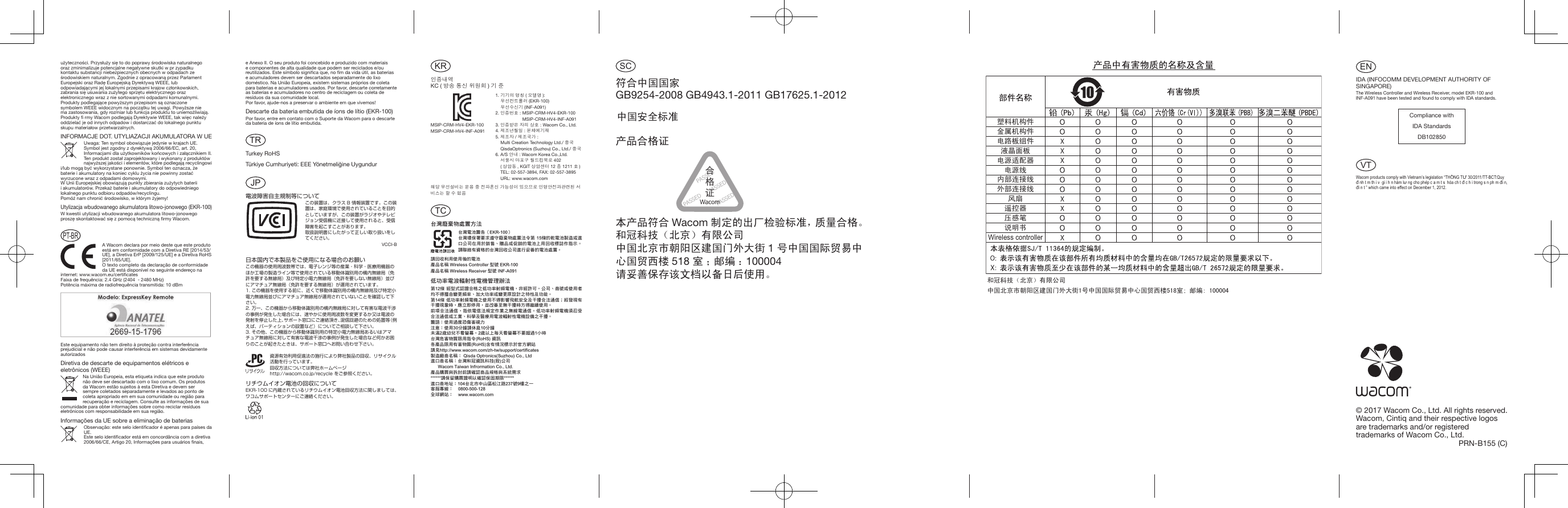 e Anexo II. O seu produto foi concebido e produzido com materiais e componentes de alta qualidade que podem ser reciclados e/ou reutilizados. Este símbolo signiﬁ ca que, no ﬁ m da vida útil, as baterias e acumuladores devem ser descartados separadamente do lixo doméstico. Na União Europeia, existem sistemas próprios de coleta para baterias e acumuladores usados. Por favor, descarte corretamente as baterias e acumuladores no centro de reciclagem ou coleta de resíduos da sua comunidade local.Por favor, ajude-nos a preservar o ambiente em que vivemos!Descarte da bateria embutida de íons de lítio (EKR-100)Por favor, entre em contato com o Suporte da Wacom para o descarte da bateria de íons de lítio embutida.TRTurkey RoHSTürkiye Cumhuriyeti: EEE Yönetmeliğine UygundurJP電波障害自主規制等についてこの装置は、クラス B情報装置です。この装置は、家庭環境で使用されていることを目的としていますが、この装置がラジオやテレビジョン受信機に近接して使用されると、受信障害を起こすことがあります。取扱説明書にしたがって正しい取り扱いをしてください。VCCI-B日本国内で本製品をご使用になる場合のお願いこの機器の使用周波数帯では、電子レンジ等の産業・科学・医療用機器のほか工場の製造ライン等で使用されている移動体識別用の構内無線局（免許を要する無線局）及び特定小電力無線局（免許を要しない無線局）並びにアマチュア無線局（免許を要する無線局）が運用されています。1.この機器を使用する前に、近くで移動体識別用の構内無線局及び特定小電力無線局並びにアマチュア無線局が運用されていないことを確認して下さい。2.万一、この機器から移動体識別用の構内無線局に対して有害な電波干渉の事例が発生した場合には、速やかに使用周波数を変更するか又は電波の発射を停止した上、サポート窓口にご連絡頂き、混信回避のための処置等（例えば、パーティションの設置など）についてご相談して下さい。3.その他、この機器から移動体識別用の特定小電力無線局あるいはアマチュア無線局に対して有害な電波干渉の事例が発生した場合など何かお困りのことが起きたときは、サポート窓口へお問い合わせ下さい。資源有効利用促進法の施行により弊社製品の回収、リサイクル活動を行っています。回収方法については弊社ホームページhttp://wacom.co.jp/recycleをご参照ください。リチウムイオン電池の回収についてEKR-100 に内蔵されているリチウムイオン電池回収方法に関しましては、ワコムサポートセンターにご連絡ください。użyteczności. Przysłuży się to do poprawy środowiska naturalnego oraz zminimalizuje potencjalne negatywne skutki w pr zypadku kontaktu substancji niebezpiecznych obecnych w odpadach ze środowiskiem naturalnym. Zgodnie z opracowaną przez Parlament Europejski oraz Radę Europejską Dyrektywą WEEE, lub odpowiadającymi jej lokalnymi przepisami krajow członkowskich, zabrania się usuwania zużytego sprzętu elektrycznego oraz elektronicznego wraz z nie sortowanymi odpadami komunalnymi.Produkty podlegające powyższym przepisom są oznaczone symbolem WEEE widocznym na początku tej uwagi. Powyższe nie ma zastosowania, gdy rozmiar lub funkcja produktu to uniemożliwiają. Produkty ﬁ  rmy Wacom podlegają Dyrektywie WEEE, tak więc należy oddzielać je od innych odpadow i dostarczać do lokalnego punktu skupu materiałow przetwarzalnych. INFORMACJE DOT. UTYLIAZACJI AKUMULATORA W UEUwaga: Ten symbol obowiązuje jedynie w krajach UE. Symbol jest zgodny z dyrektywą 2006/66/EC, art. 20, Informacjami dla użytkowników końcowych i załącznikiem II.Ten produkt został zaprojektowany i wykonany z produktów najwyższej jakości i elementów, które podlegają recyclingowi i/lub mogą być wykorzystane ponownie. Symbol ten oznacza, że baterie i akumulatory na koniec cyklu życia nie powinny zostać wyrzucone wraz z odpadami domowymi.W Unii Europejskiej obowiązują punkty zbierania zużytych baterii i akumulatorów. Przekaż baterie i akumulatory do odpowiedniego lokalnego punktu odbioru odpadów/recyclingu.Pomóż nam chronić środowisko, w którym żyjemy!Utylizacja wbudowanego akumulatora litowo-jonowego (EKR-100)W kwestii utylizacji wbudowanego akumulatora litowo-jonowego proszę skontaktować się z pomocą techniczną ﬁ rmy Wacom.PT-BRA Wacom declara por meio deste que este produto está em conformidade com a Diretiva RE [2014/53/UE], a Diretiva ErP [2009/125/UE] e a Diretiva RoHS [2011/65/UE].O texto completo da declaração de conformidade da UE está disponível no seguinte endereço na internet: www.wacom.eu/certiﬁ catesFaixa de frequência: 2.4 GHz (2404  - 2480 MHz)Potência máxima de radiofrequência transmitida: 10 dBmEste equipamento não tem direito à proteção contra interferência prejudicial e não pode causar interferência em sistemas devidamente autorizadosDiretiva de descarte de equipamentos elétricos e eletrônicos (WEEE)Na União Europeia, esta etiqueta indica que este produto não deve ser descartado com o lixo comum. Os produtos da Wacom estão sujeitos à esta Diretiva e devem ser sempre coletados separadamente e levados ao ponto de coleta apropriado em em sua comunidade ou região para recuperação e reciclagem. Consulte as informações de sua comunidade para obter informações sobre como reciclar resíduos eletrônicos com responsabilidade em sua região.Informações da UE sobre a eliminação de bateriasObservação: este selo identiﬁ cador é apenas para países da UE.Este selo identiﬁ cador está em concordância com a diretiva 2006/66/CE, Artigo 20, Informações para usuários ﬁ nais, KR인증내역KC ( 방송 통신 위원회 ) 기 준 1. 기기의 명칭 ( 모델명 ):  무선컨트롤러 (EKR-100) 무선수신기 (INF-A091)2. 인증번호 : MSIP-CRM-HV4-EKR-100   MSIP-CRM-HV4-INF-A0913. 인증받은 자의 상호 : Wacom Co., Ltd.4. 제조년월일 : 본체에기재5. 제조자 / 제조국가 :   Multi Creation Technology Ltd./ 중국   QisdaOptronics (Suzhou) Co., Ltd./ 중국6. A/S 안내 : Wacom Korea Co.,Ltd.  서울시 마포구 월드컵북로 402 ( 상암동 , KGIT 상암센터 12 층 1211 호)  TEL: 02-557-3894, FAX: 02-557-3895  URL: www.wacom.comMSIP-CRM-HV4-EKR-100MSIP-CRM-HV4-INF-A091해당 무선설비는 운용 중 전파혼신 가능성이 있으므로 인명안전과관련된 서비스는 할 수 없음TC台灣廢棄物處置方法台灣電池警告（EKR-100）台灣環保署要求遵守廢棄物處置法令第 15條的乾電池製造或進口公司在用於銷售、贈品或促銷的電池上用回收標誌作指示。請聯絡有資格的台灣回收公司進行妥善的電池處置。請回收利用使用後的電池產品名稱 Wireless Controller 型號 EKR-100產品名稱 Wireless Receiver 型號 INF-A091低功率電波輻射性電機管理辦法第12條 經型式認證合格之低功率射頻電機，非經許可，公司、商號或使用者均不得擅自變更頻率、加大功率或變更原設計之特性及功能。第14條 低功率射頻電機之使用不得影響飛航安全及干擾合法通信；經發現有干擾現象時，應立即停用，並改善至無干擾時方得繼續使用。前項合法通信，指依電信法規定作業之無線電通信。低功率射頻電機須忍受合法通信或工業、科學及醫療用電波輻射性電機設備之干擾。警語：使用過度恐傷害視力注意：使用30分鐘請休息10分鐘未滿2歲幼兒不看螢幕，2歲以上每天看螢幕不要超過1小時台灣危害物質限用指令(RoHS) 資訊各產品限用有害物質(RoHS)含有情況標示於官方網站請見http://www.wacom.com/zh-tw/support/certificates製造廠商名稱： Qisda Optronics(Suzhou) Co., Ltd 進口商名稱：台灣和冠資訊科技(股)公司       Wacom Taiwan Infrormation Co., Ltd. 產品購買與拆封前請確認商品規格與系統需求 ******請保留購買證明以確認保固期限****** 進口商地址：104台北市中山區松江路237號9樓之一 客服專線：    0800-500-128 全球網站：    www.wacom.comSC符合中国国家GB9254-2008 GB4943.1-2011 GB17625.1-2012中国安全标准仅适用于非热带气候条件下安全使用。              Dan hab yungh youq gij dienheiq diuzgen mbouj dwg diegndat haenx ancienz sawjyungh.ﯗﺪﯩﻟﻮﺑ ﻰﻠﯩﻜﺘﻪﻠﺸﯩﺋ ﺮﻪﺘﻪﺨﯩﺑ ﻼﯨﺪﯩﺘﯩﺋﺍﺭﺎﺷ ﻰﺗﺎﻤﯩﻠﯩﻛ ﺍﯞﺎﮬ ﻎﻪﺒﻠﻪﺑ ﻖﯩﺴﺴﯩﺋ ﻯﺮﻴﻪﻏ仅适用于海拔2 000 m以下地区安全使用。2000m             2000Dan hab yungh youq gij digih haijbaz 2 000 m doxroengz haenx ancienz sawjyungh.ﯗﺪﯩﻟﻮﺑ ﻰﻠﯩﻜﺘﻪﻠﺸﯩﺋ ﺮﻪﺘﻪﺨﯩﺑ ﻼﯨﺩﺭﻼﻧﻮﻳﺍﺭ ﻦﻩﯞﯚﺗ ﺮﯩﺘﯧﻣ 2000 ﻦﯨﺪﯨﺯﯜﻳ ﺰﯩﯖﯦﺩWacom 和 Intuos 是 Wacom Co., Ltd. 的商标。 PRN-A887PRN-A887.indd   1 9/20/2012   1:55:47 PM产品合格证本产品符合 Wacom 制定的出厂检验标准， 质量合格。和冠科技（北京）有限公司中国北京市朝阳区建国门外大街 1 号中国国际贸易中心国贸西楼 518 室；邮编：100004请妥善保存该文档以备日后使用。ล᭭ᴎᵘӊ䞥ሲᴎᵘӊ⬉䏃ᵓ㒘ӊ⎆᱊䴶ᵓ⬉⑤䗖䜡఼⬉⑤㒓ݙ䚼䖲᥹㒓໪䚼䖲᥹㒓亢᠛䘹᥻఼य़ᛳヨ䇈ᯢкWireless controller੠ݴ⾥ᡔ˄࣫Ҁ˅᳝䰤݀ৌЁ೑࣫ҀᏖᳱ䰇ऎᓎ೑䮼໪໻㸫োЁ೑೑䰙䌌ᯧЁᖗ೑䌌㽓ὐᅸ䚂㓪ENIDA (INFOCOMM DEVELOPMENT AUTHORITY OF SINGAPORE)The Wireless Controller and Wireless Receiver, model EKR-100 and INF-A091 have been tested and found to comply with IDA standards.Compliance withIDA StandardsDB102850VTWacom products comply with Vietnam’s legislation “THÔNG TƯ 30/2011/TT-BCT:Quy đ nh t m th i v  gi i h n hàm lư ng cho phép c a m t s  hóa ch t đ c h i trong s n ph m đi n, đi n t ” which came into effect on December 1, 2012. © 2017 Wacom Co., Ltd. All rights reserved.Wacom, Cintiq and their respective logos are trademarks and/or registeredtrademarks of Wacom Co., Ltd.PRN-B155 (C)