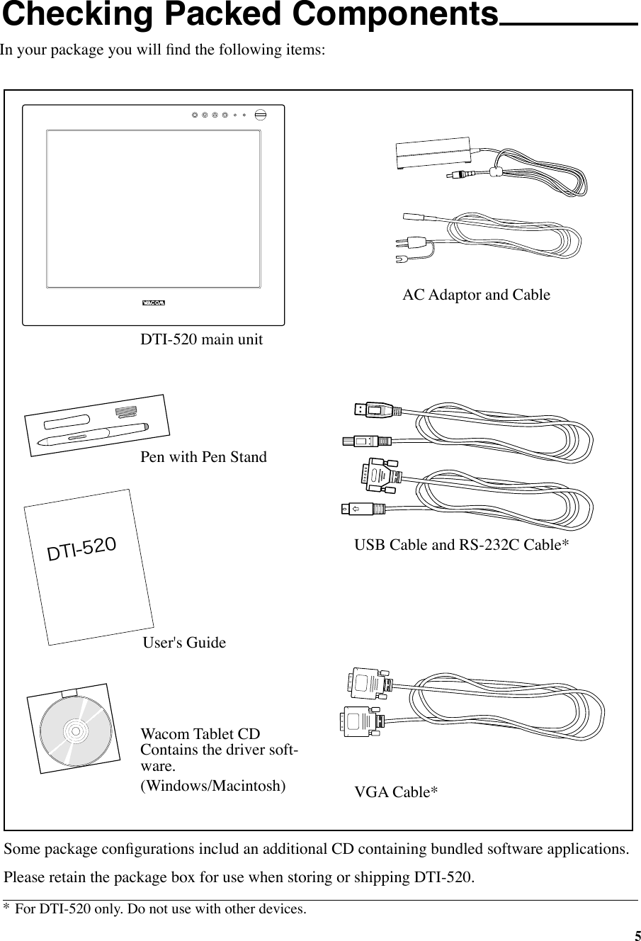 5Checking Packed Components In your package you will ﬁnd the following items: DTI-520USB Cable and RS-232C Cable*VGA Cable*DTI-520 main unitPen with Pen StandUser&apos;s GuideWacom Tablet CDContains the driver soft-ware.(Windows/Macintosh)AC Adaptor and Cable*     For DTI-520 only. Do not use with other devices.Please retain the package box for use when storing or shipping DTI-520.Some package conﬁgurations includ an additional CD containing bundled software applications.
