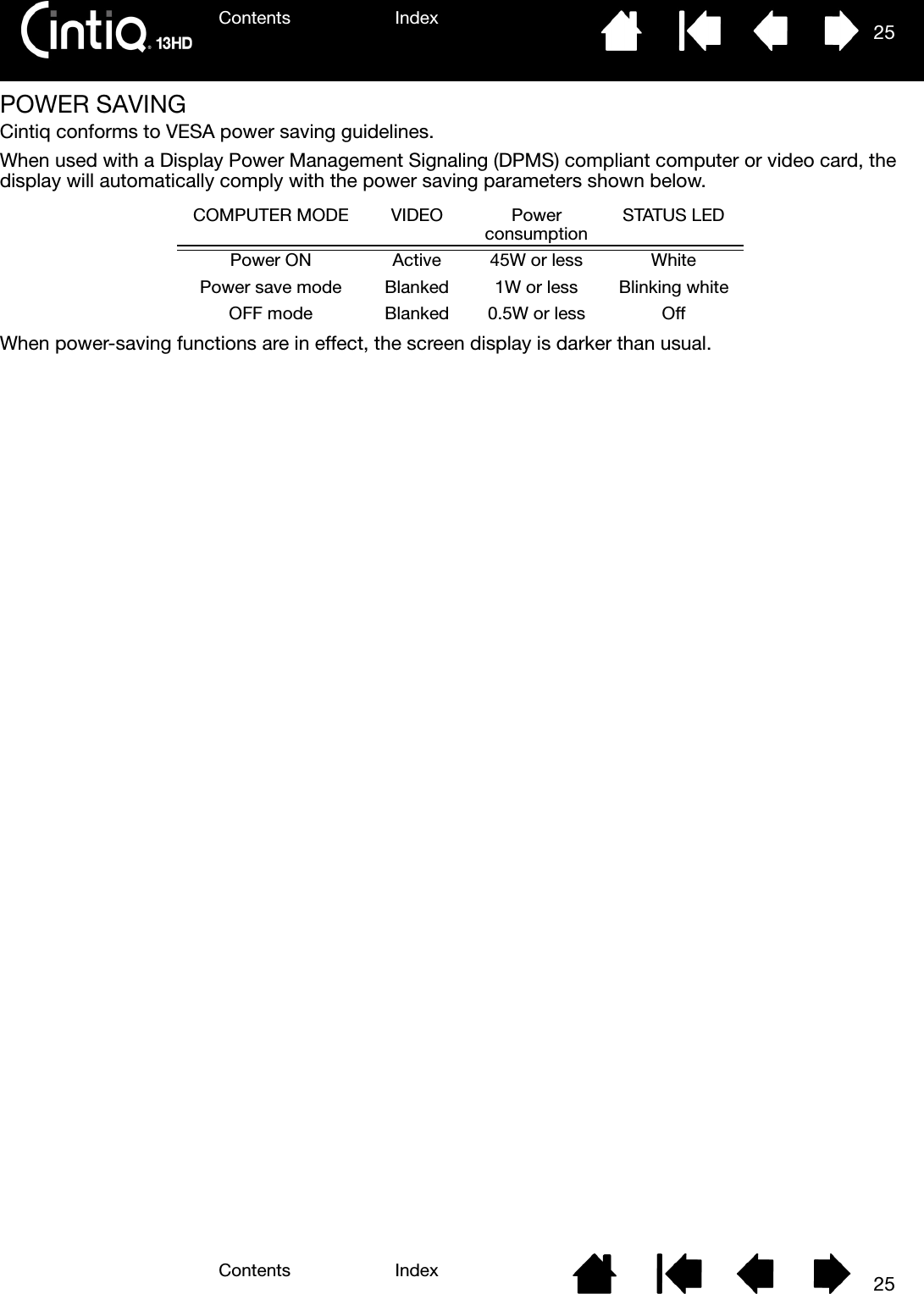 Contents IndexContents 25Index25POWER SAVINGCintiq conforms to VESA power saving guidelines.When used with a Display Power Management Signaling (DPMS) compliant computer or video card, the display will automatically comply with the power saving parameters shown below.When power-saving functions are in effect, the screen display is darker than usual.COMPUTER MODE VIDEO Powerconsumption STATUS LEDPower ON Active 45W or less WhitePower save mode Blanked 1W or less Blinking whiteOFF mode Blanked 0.5W or less Off