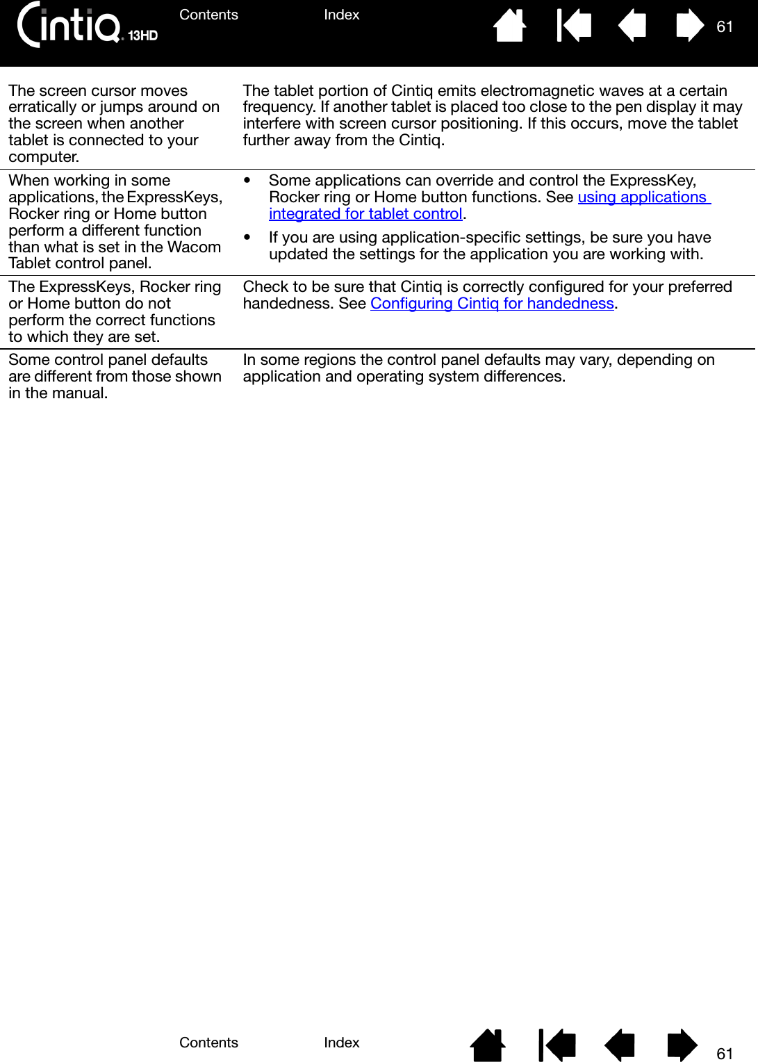 Contents IndexContents 61Index61The screen cursor moves erratically or jumps around on the screen when another tablet is connected to your computer.The tablet portion of Cintiq emits electromagnetic waves at a certain frequency. If another tablet is placed too close to the pen display it may interfere with screen cursor positioning. If this occurs, move the tablet further away from the Cintiq.When working in some applications, the ExpressKeys, Rocker ring or Home button perform a different function than what is set in the Wacom Tablet control panel.• Some applications can override and control the ExpressKey, Rocker ring or Home button functions. See using applications integrated for tablet control.• If you are using application-specific settings, be sure you have updated the settings for the application you are working with.The ExpressKeys, Rocker ring or Home button do not perform the correct functions to which they are set.Check to be sure that Cintiq is correctly configured for your preferred handedness. See Configuring Cintiq for handedness.Some control panel defaults are different from those shown in the manual.In some regions the control panel defaults may vary, depending on application and operating system differences.