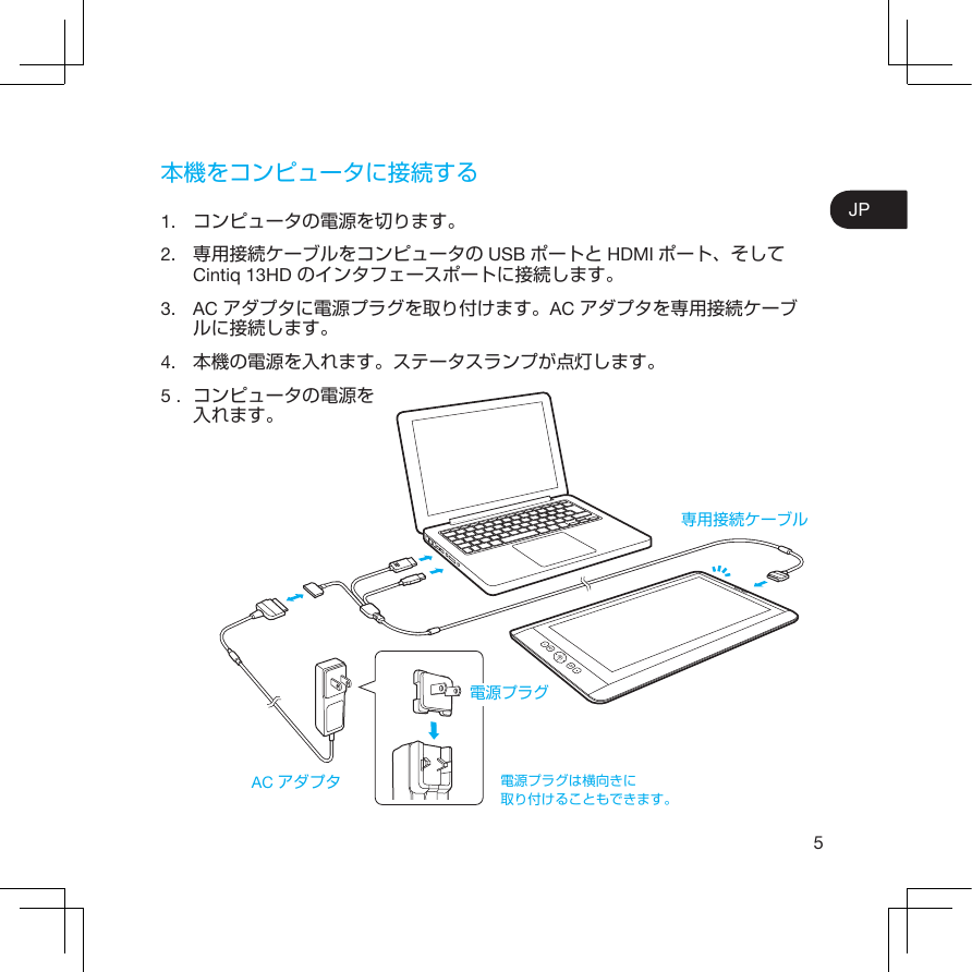 5JP本機をコンピュータに接続する1.  コンピュータの電源を切ります。2.  専用接続ケーブルをコンピュータの USB ポートと HDMI ポート、そしてCintiq 13HD のインタフェースポートに接続します。3.  AC アダプタに電源プラグを取り付けます。AC アダプタを専用接続ケーブルに接続します。4.  本機の電源を入れます。ステータスランプが点灯します。5 .  コンピュータの電源を入れます。専用接続ケーブルAC アダプタ電源プラグ電源プラグは横向きに取り付けることもできます。