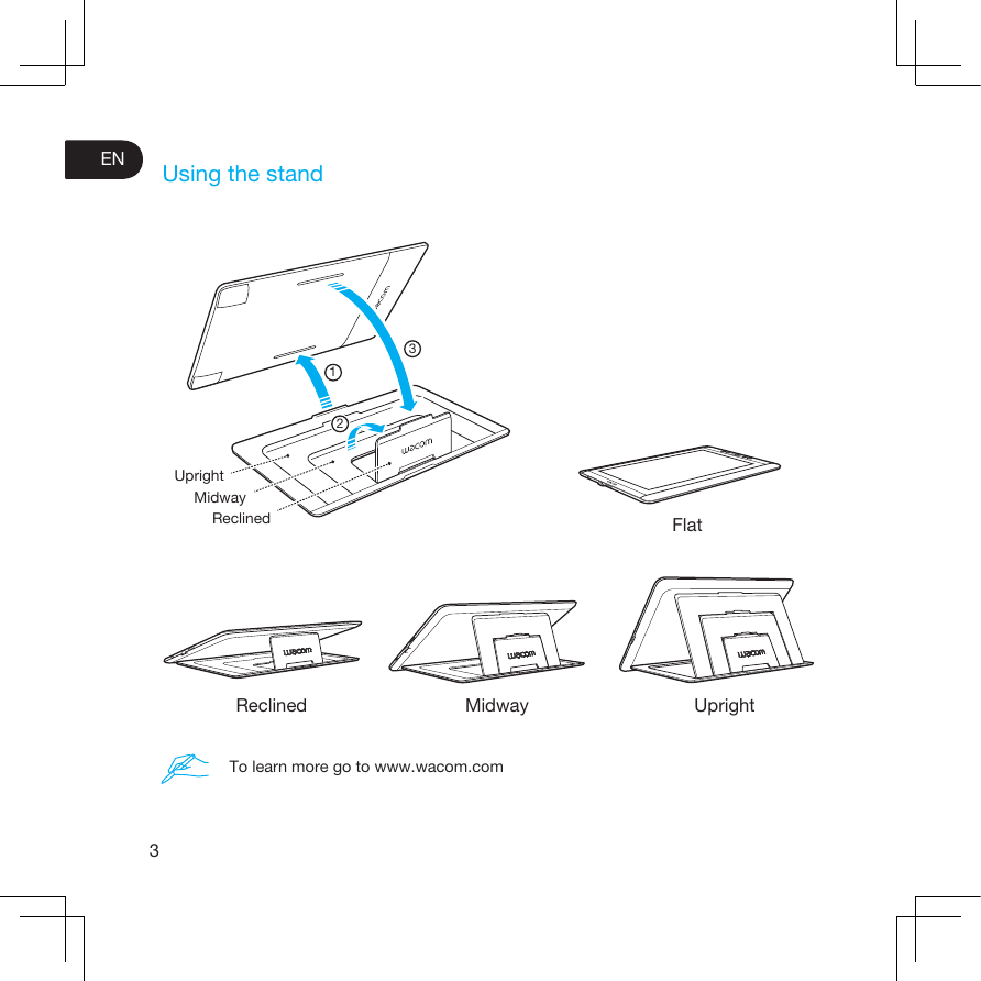 3ENUsing the standTo learn more go to www.wacom.comFlatReclined Midway Upright321ReclinedMidwayUpright