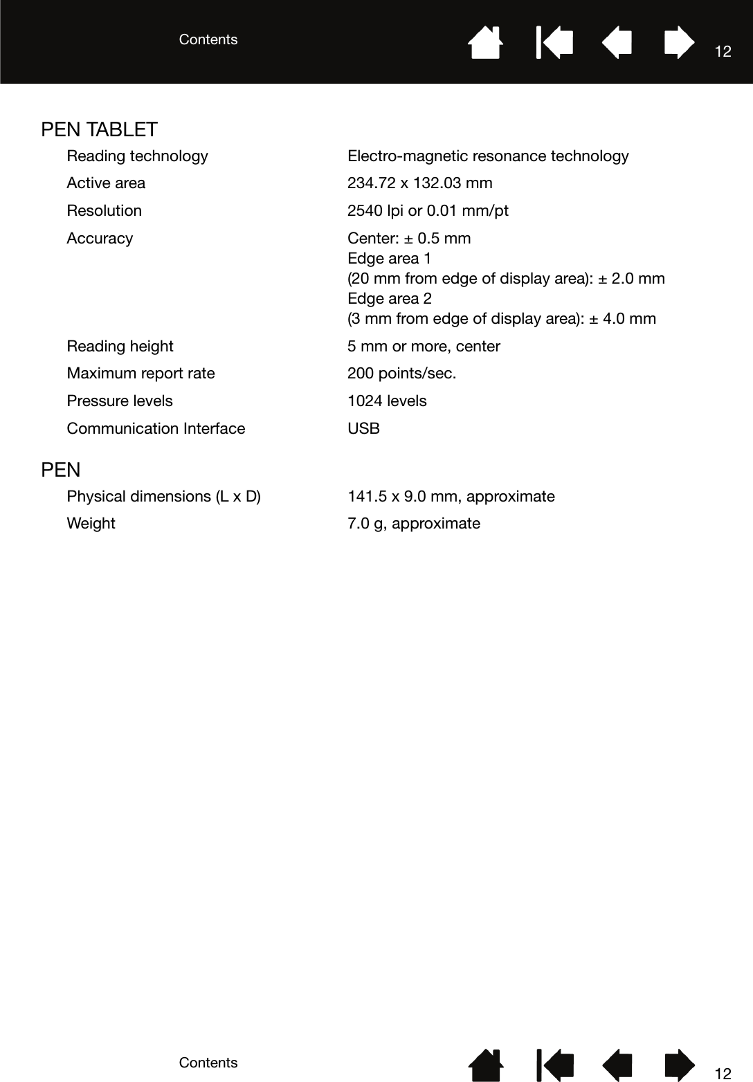 ContentsContents 1212PEN TABLETPENReading technology Electro-magnetic resonance technologyActive area 234.72 x 132.03 mmResolution 2540 lpi or 0.01 mm/ptAccuracy Center: ± 0.5 mmEdge area 1(20 mm from edge of display area): ± 2.0 mmEdge area 2(3 mm from edge of display area): ± 4.0 mmReading height 5 mm or more, centerMaximum report rate 200 points/sec.Pressure levels 1024 levelsCommunication Interface USBPhysical dimensions (L x D) 141.5 x 9.0 mm, approximateWeight 7.0 g, approximate