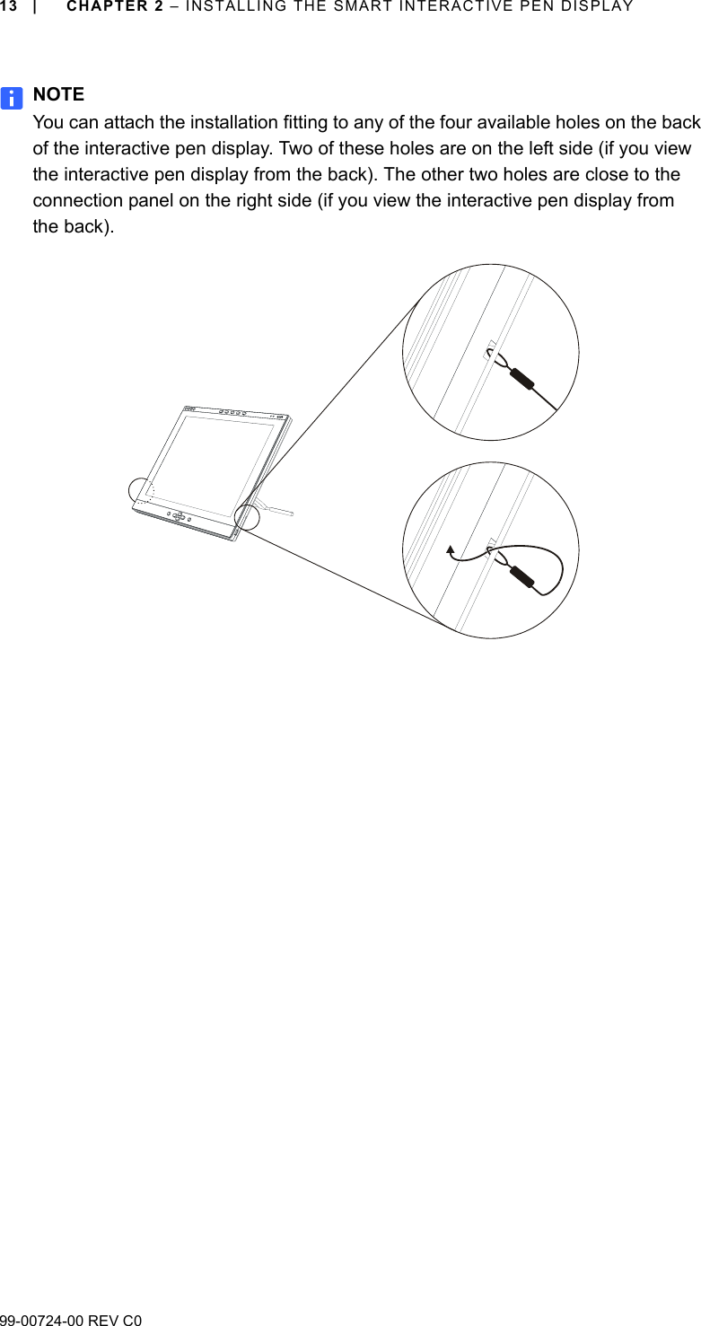 99-00724-00 REV C013 | CHAPTER 2 – INSTALLING THE SMART INTERACTIVE PEN DISPLAYNOTEYou can attach the installation fitting to any of the four available holes on the back of the interactive pen display. Two of these holes are on the left side (if you view the interactive pen display from the back). The other two holes are close to the connection panel on the right side (if you view the interactive pen display from the back).
