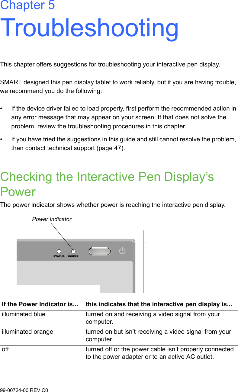 99-00724-00 REV C0Chapter 5TroubleshootingThis chapter offers suggestions for troubleshooting your interactive pen display.SMART designed this pen display tablet to work reliably, but if you are having trouble, we recommend you do the following:• If the device driver failed to load properly, first perform the recommended action in any error message that may appear on your screen. If that does not solve the problem, review the troubleshooting procedures in this chapter.• If you have tried the suggestions in this guide and still cannot resolve the problem, then contact technical support (page 47).Checking the Interactive Pen Display’s PowerThe power indicator shows whether power is reaching the interactive pen display. If the Power Indicator is... this indicates that the interactive pen display is...illuminated blue turned on and receiving a video signal from your computer.illuminated orange turned on but isn’t receiving a video signal from your computer.off turned off or the power cable isn’t properly connected to the power adapter or to an active AC outlet.Power IndicatorSTATUS POWER.