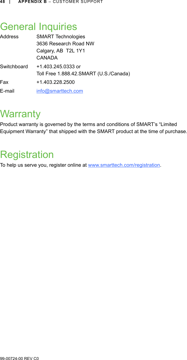 48 | APPENDIX B – CUSTOMER SUPPORT99-00724-00 REV C0General InquiriesWarrantyProduct warranty is governed by the terms and conditions of SMART’s “Limited Equipment Warranty” that shipped with the SMART product at the time of purchase.RegistrationTo help us serve you, register online at www.smarttech.com/registration.Address SMART Technologies3636 Research Road NWCalgary, AB  T2L 1Y1CANADASwitchboard +1.403.245.0333 orToll Free 1.888.42.SMART (U.S./Canada)Fax +1.403.228.2500E-mail info@smarttech.com 