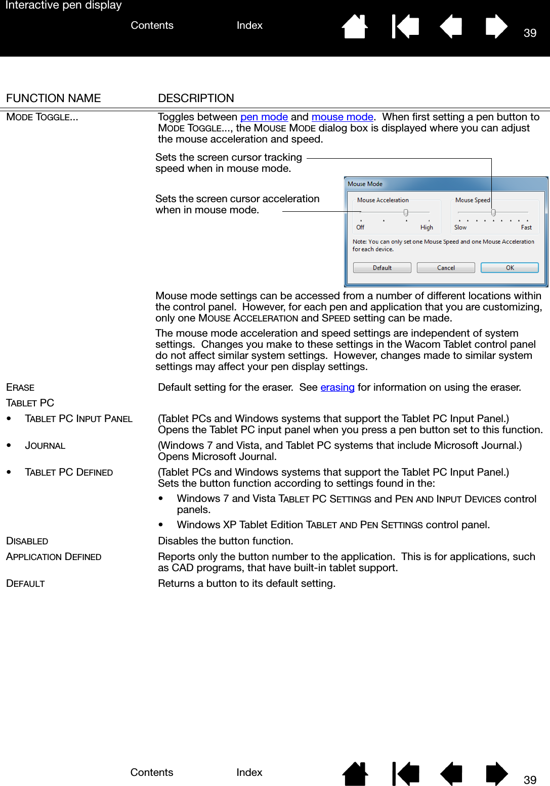 39IndexContents39IndexContentsInteractive pen displayFUNCTION NAME DESCRIPTIONMODE TOGGLE... Toggles between pen mode and mouse mode.  When first setting a pen button to MODE TOGGLE..., the MOUSE MODE dialog box is displayed where you can adjust the mouse acceleration and speed.ERASE Default setting for the eraser.  See erasing for information on using the eraser.TABLET PC•TABLET PC INPUT PANEL (Tablet PCs and Windows systems that support the Tablet PC Input Panel.)  Opens the Tablet PC input panel when you press a pen button set to this function.•JOURNAL (Windows 7 and Vista, and Tablet PC systems that include Microsoft Journal.)  Opens Microsoft Journal.•TABLET PC DEFINED (Tablet PCs and Windows systems that support the Tablet PC Input Panel.)  Sets the button function according to settings found in the:• Windows 7 and Vista TABLET PC SETTINGS and PEN AND INPUT DEVICES control panels.• Windows XP Tablet Edition TABLET AND PEN SETTINGS control panel.DISABLED Disables the button function.APPLICATION DEFINED Reports only the button number to the application.  This is for applications, such as CAD programs, that have built-in tablet support.DEFAULT Returns a button to its default setting.Sets the screen cursor tracking speed when in mouse mode.Sets the screen cursor acceleration when in mouse mode.Mouse mode settings can be accessed from a number of different locations within the control panel.  However, for each pen and application that you are customizing, only one MOUSE ACCELERATION and SPEED setting can be made.The mouse mode acceleration and speed settings are independent of system settings.  Changes you make to these settings in the Wacom Tablet control panel do not affect similar system settings.  However, changes made to similar system settings may affect your pen display settings.