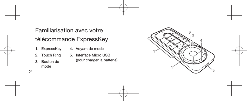 2Familiarisation avec votre télécommande ExpressKey 4511321. ExpressKey2. Touch Ring3. Bouton demode4.  Voyant de mode5.  Interface Micro USB(pour charger la batterie)