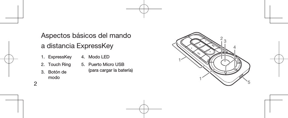 2Aspectos básicos del mando a distancia ExpressKey 4511321. ExpressKey2. Touch Ring3. Botón de modo4. Modo LED5.  Puerto Micro USB (para cargar la batería)