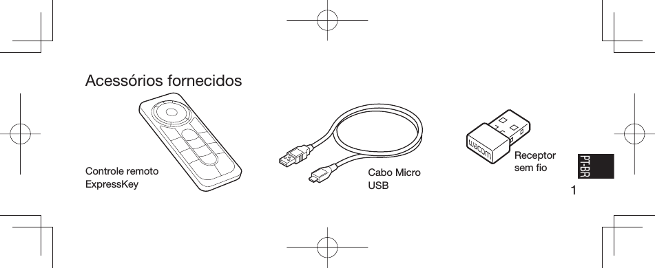 1EN FR ESPT-BRAcessórios fornecidosControle remoto ExpressKeyCabo Micro USBReceptor sem ﬁ o