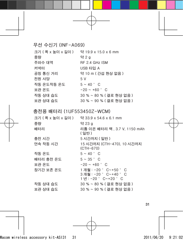 31무선 수신기 (INF-A069)크기 ( 폭 x 높이 x 길이 )  약 19.9 x 15.0 x 6 mm중량 약 2 g주파수 대역 RF 2.4 GHz ISM커넥터 USB 타입 A공칭 통신 거리 약 10 m ( 간섭 현상 없음 )전원 사양 5 V작동 온도작동 온도 5 ~ 40 ° C보관 온도 -20 ~ +60 ° C작동 상대 습도 30 % ~ 80 % ( 결로 현상 없음 )보관 상대 습도 30 % ~ 90 % ( 결로 현상 없음 )충전용 배터리 (1UF553450Z-WCM)크기 ( 폭 x 높이 x 길이 )  약 33.9 x 54.6 x 6.1 mm중량 약 23 g배터리 리튬 이온 배터리 팩 , 3.7 V, 1150 mAh ( 일반 )충전 시간 5 시간까지 ( 일반 )연속 작동 시간 15 시간까지 (CTH-470), 10 시간까지(CTH-670)작동 온도 5 ~ 40 ° C배터리 충전 온도 5 ~ 35 ° C보관 온도 -20 ~ +60 ° C장기간 보존 온도 1 개월 : -20 ° C~+50 ° C 3 개월 : -20 ° C~+40 ° C 1 년 : -20 ° C~+20 ° C작동 상대 습도 30 % ~ 80 % ( 결로 현상 없음 )보관 상대 습도 30 % ~ 90 % ( 결로 현상 없음 )Wacom wireless accessory kit-ASI31   31 2011/06/20   9:21:02